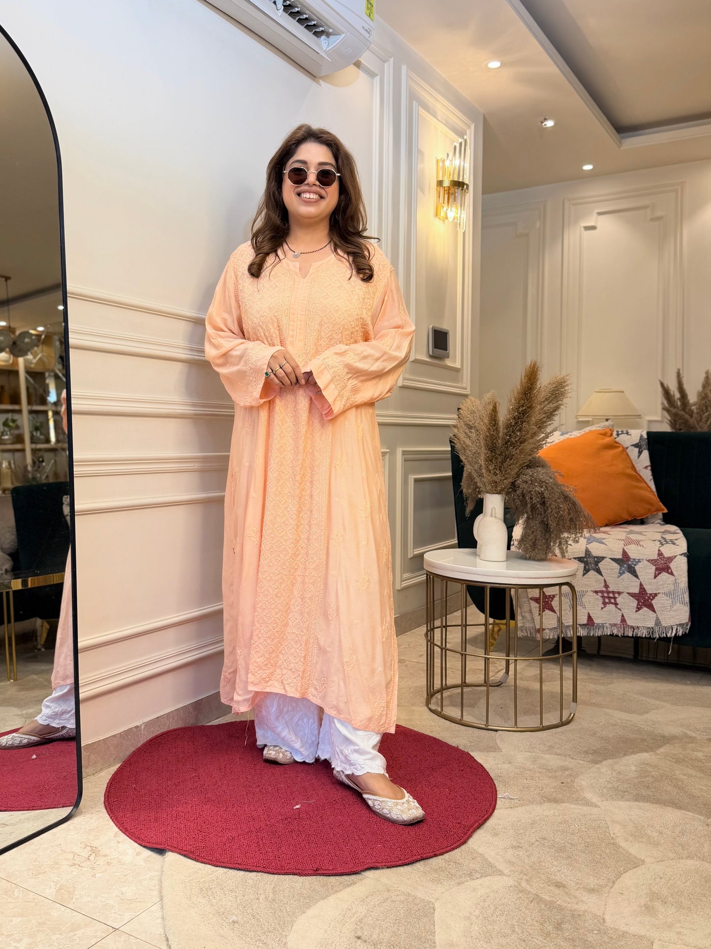 Hand Embroidered Chikankari Kurta  | Premium Muslin | Peach