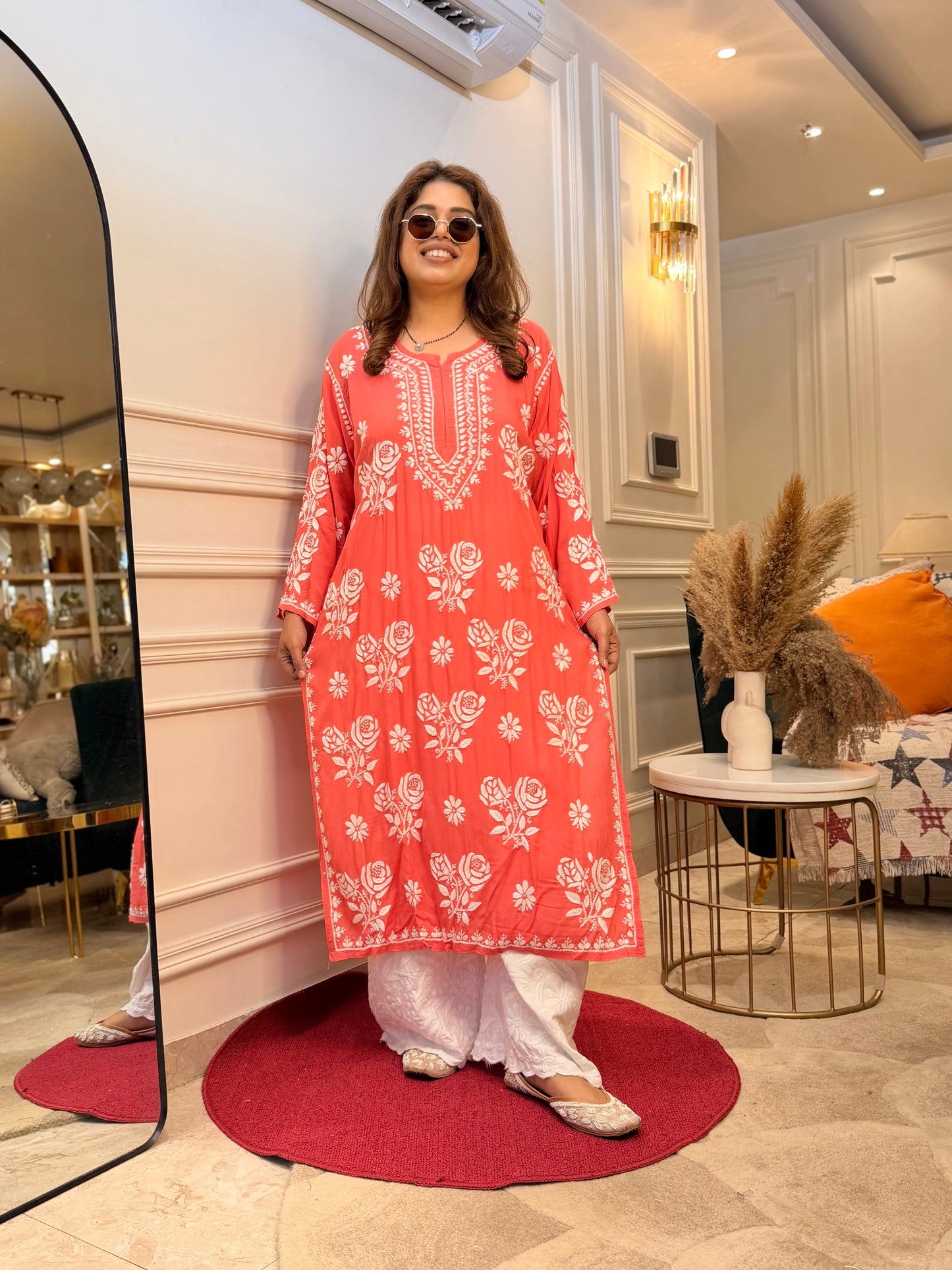 Hand Embroidered 3D Chikankari Kurta | Premium Modal | Orange