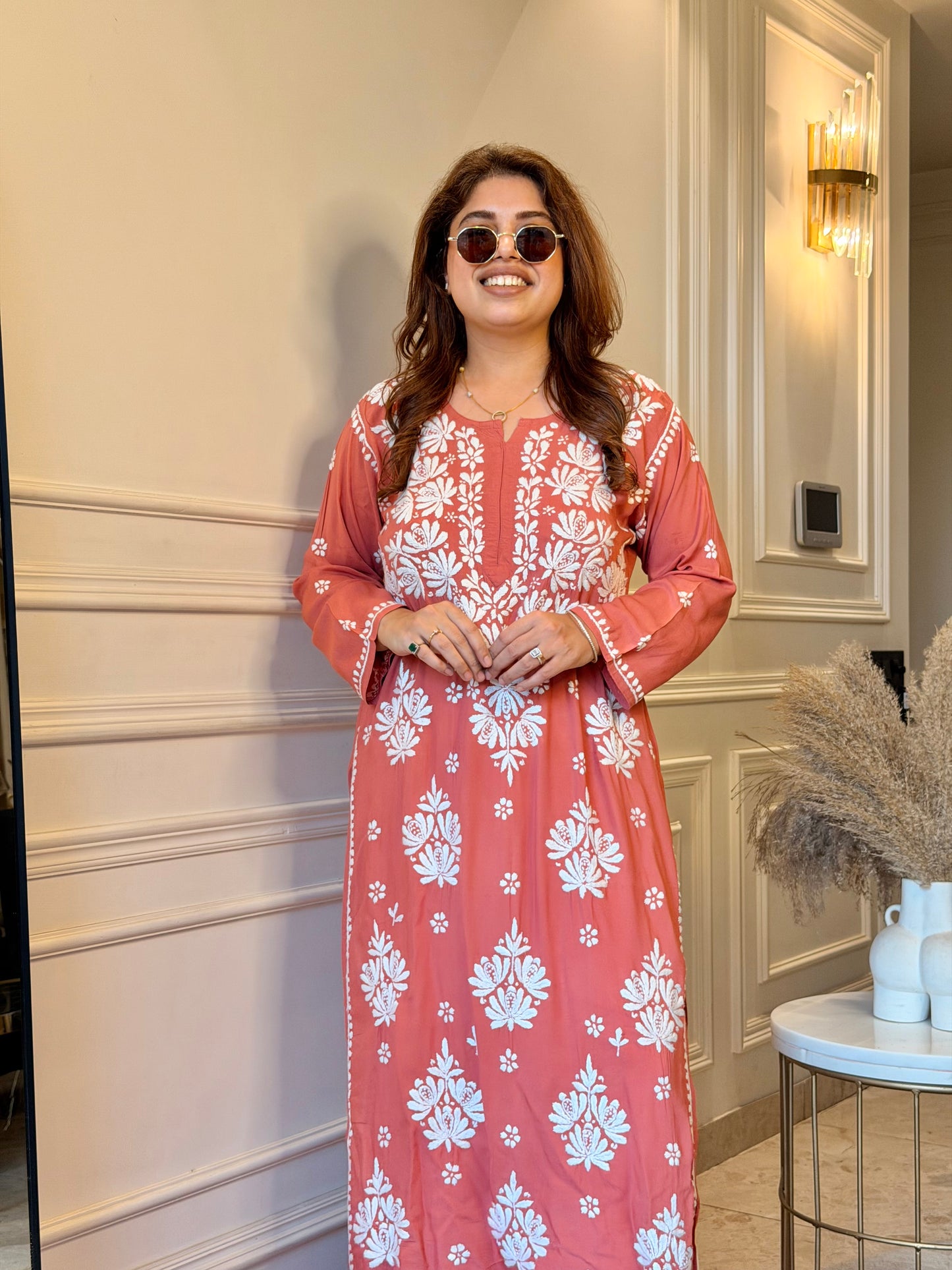 Hand Embroidered Chikankari Kurta | Modal | Coral Peach