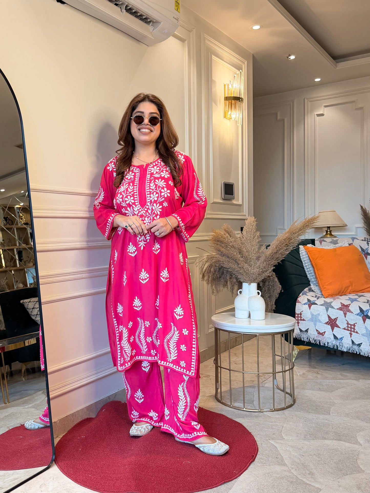 Hand Embroidered Chikankari Kurta set | Modal | Hot Pink