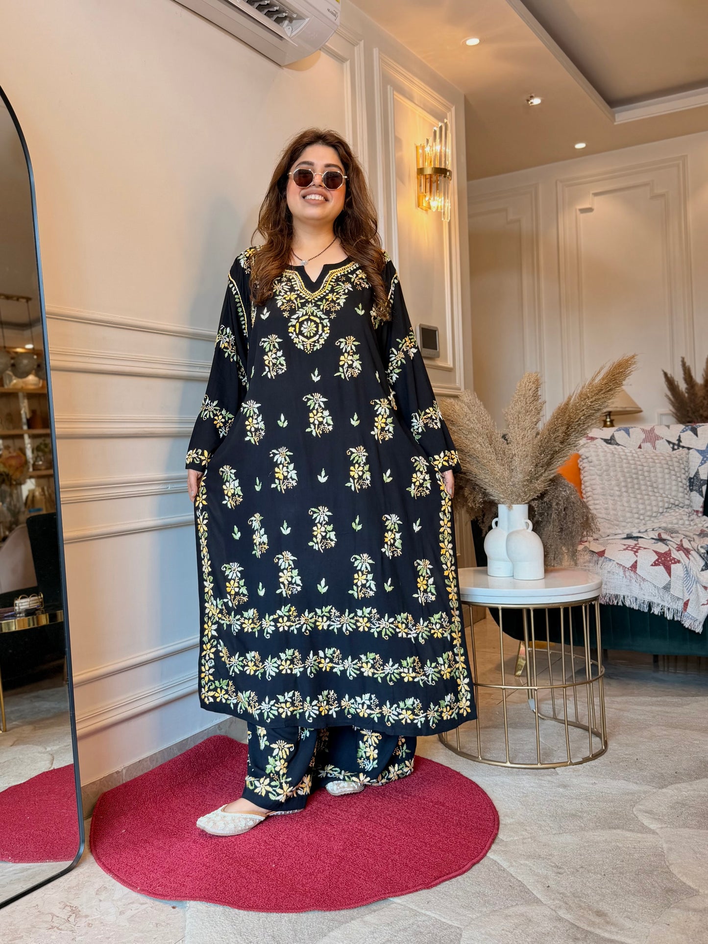 Hand Embroidered Chikankari Kurta set | Modal  | Black with Mustard