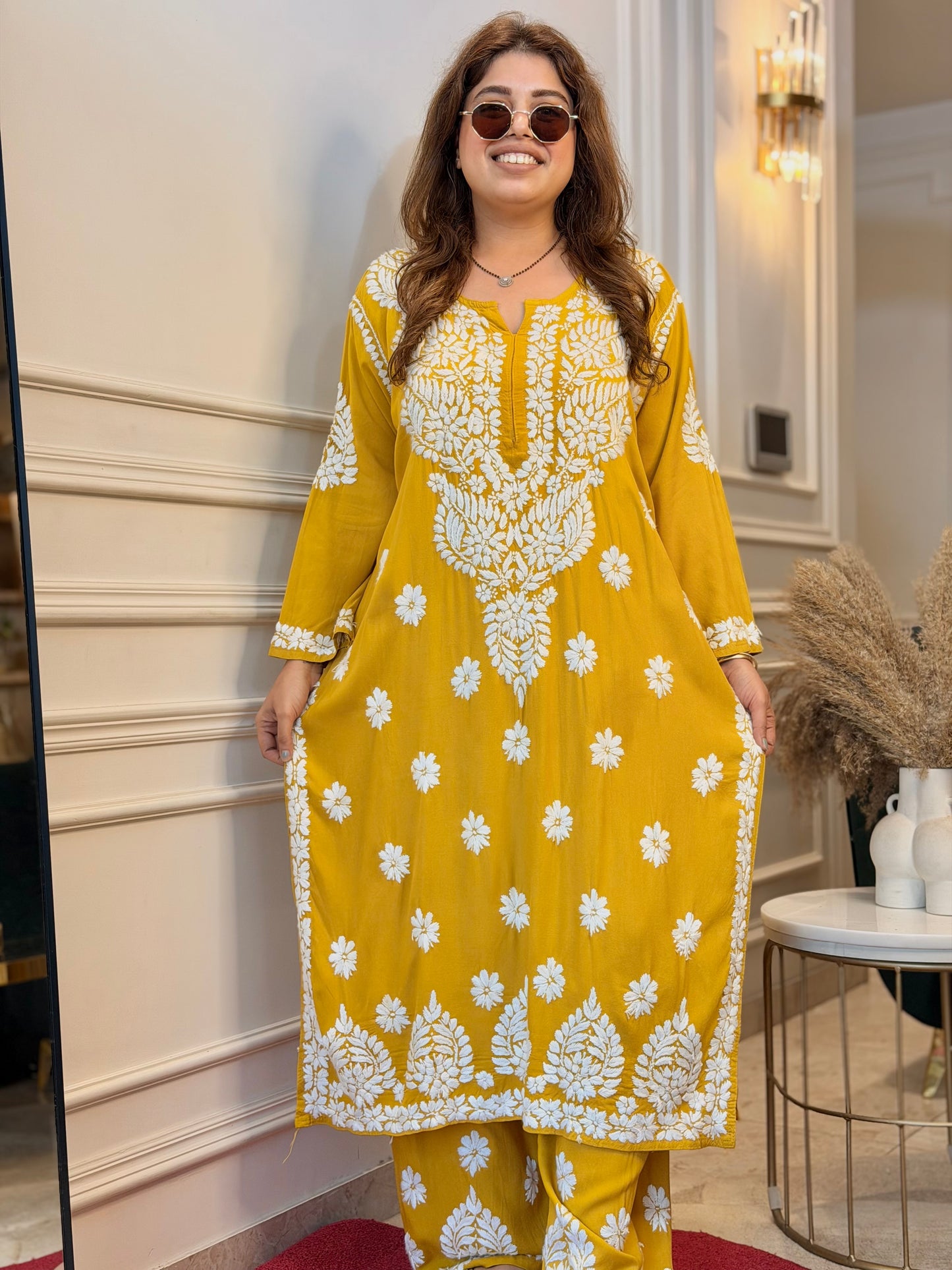 Hand Embroidered Chikankari Kurta set | Modal  | Mustard