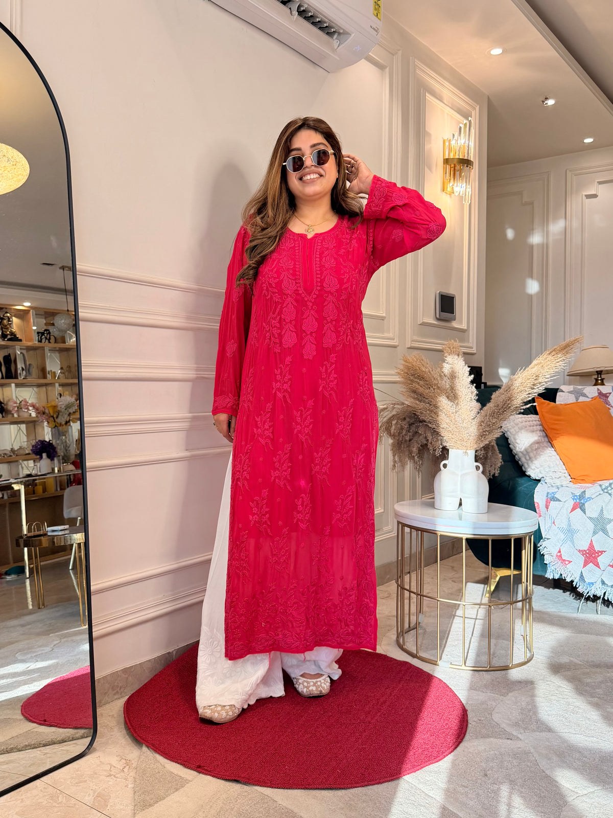 Hand Embroidered 3DChikankari Kurta  | Viscose | Hot Pink