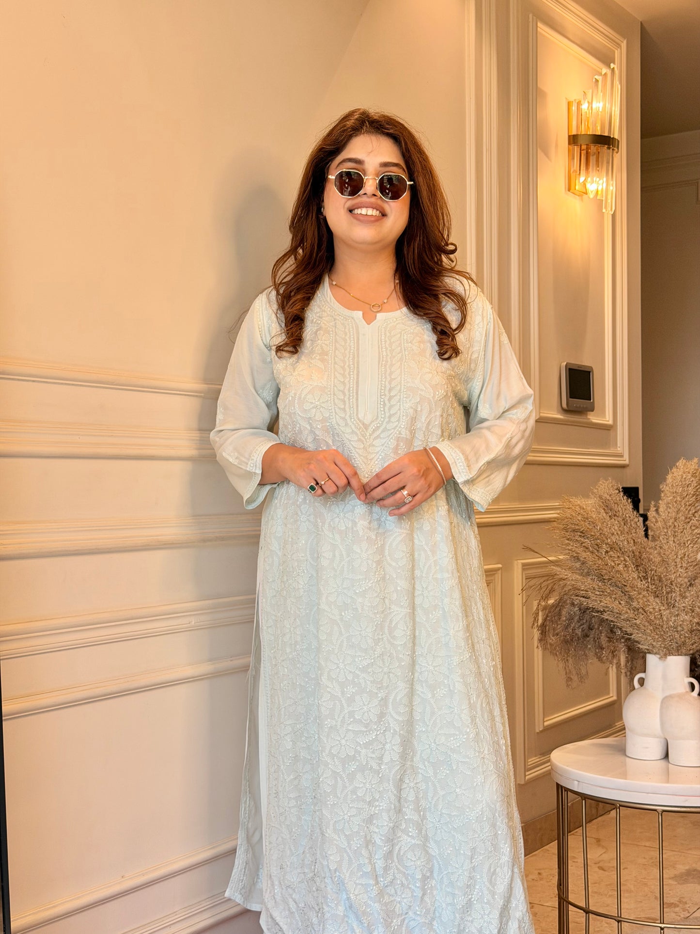 Hand Embroidered Chikankari Kurta  | Premium Muslin | Ocean Blue