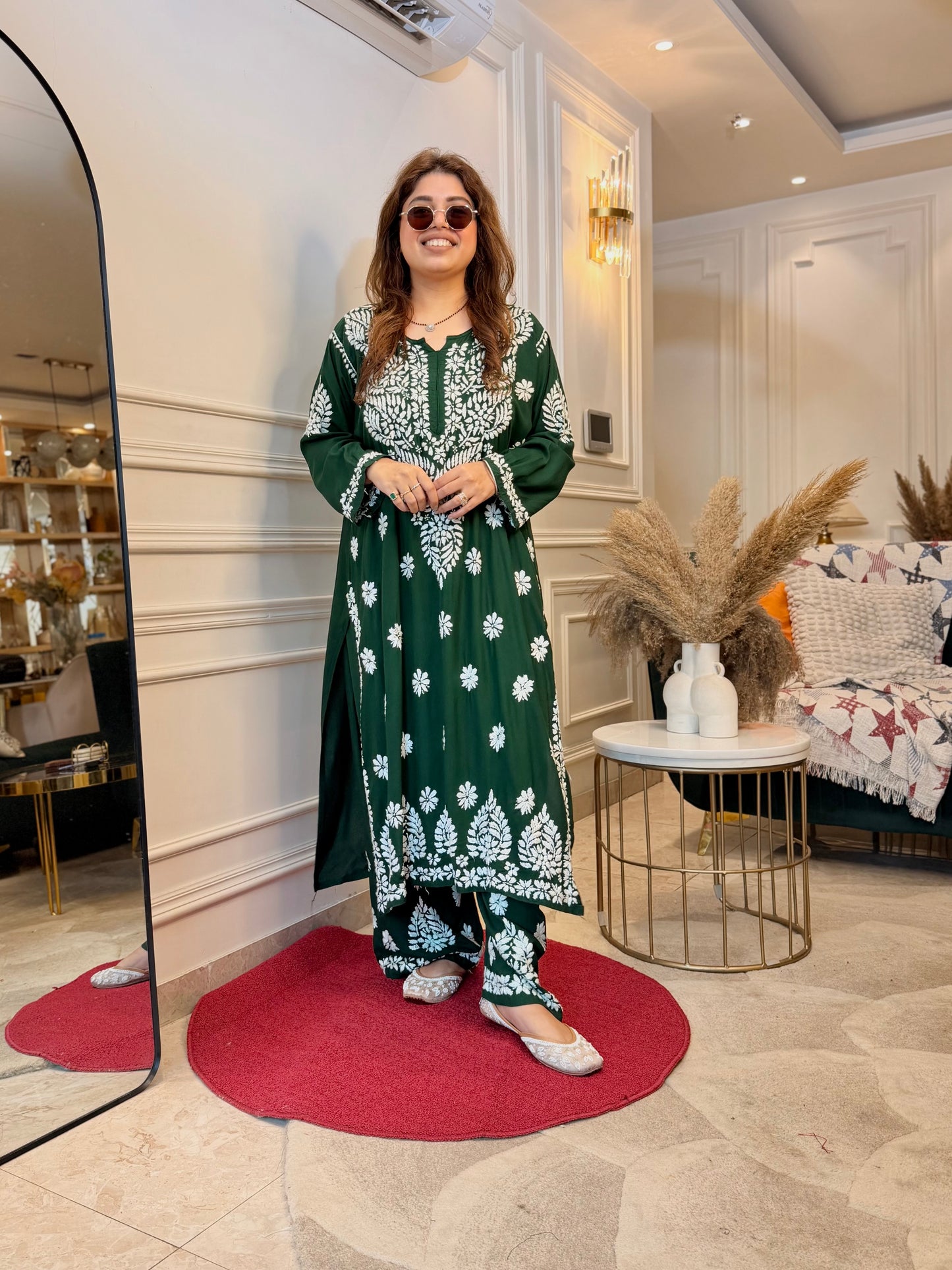 Hand Embroidered Chikankari Kurta set | Modal | Emerald