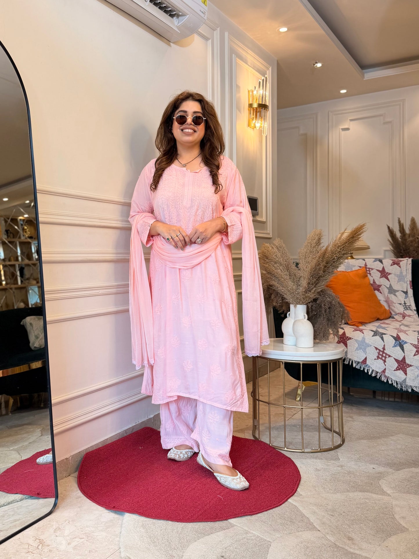 Hand Embroidered Chikankari 3 piece Kurta set | Mul Chanderi | Pink