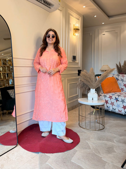Hand Embroidered Chikankari Kurta set | Mul Chanderi | Rust Orange
