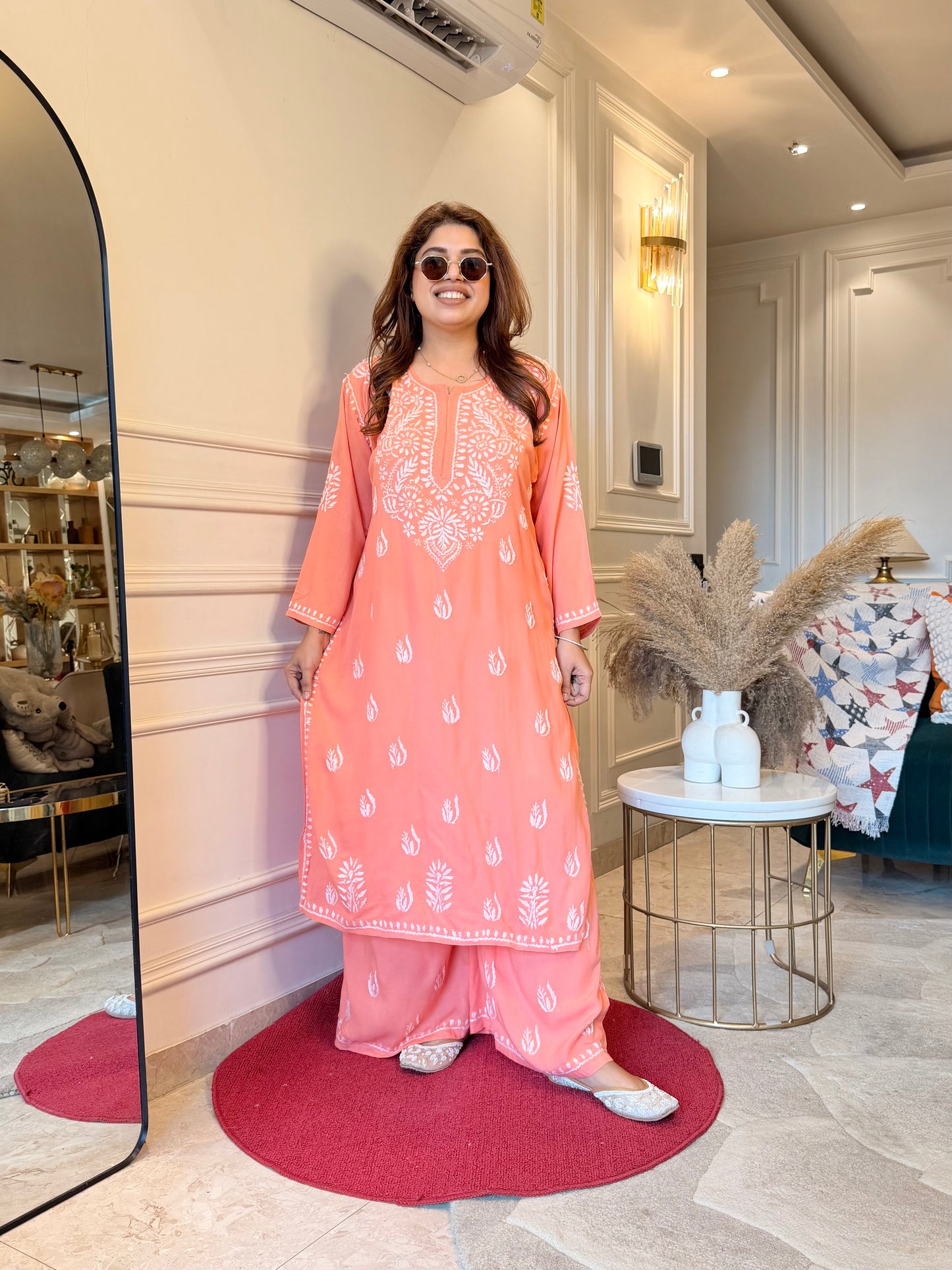 Hand Embroidered Chikankari Kurta set | Modal | Peach