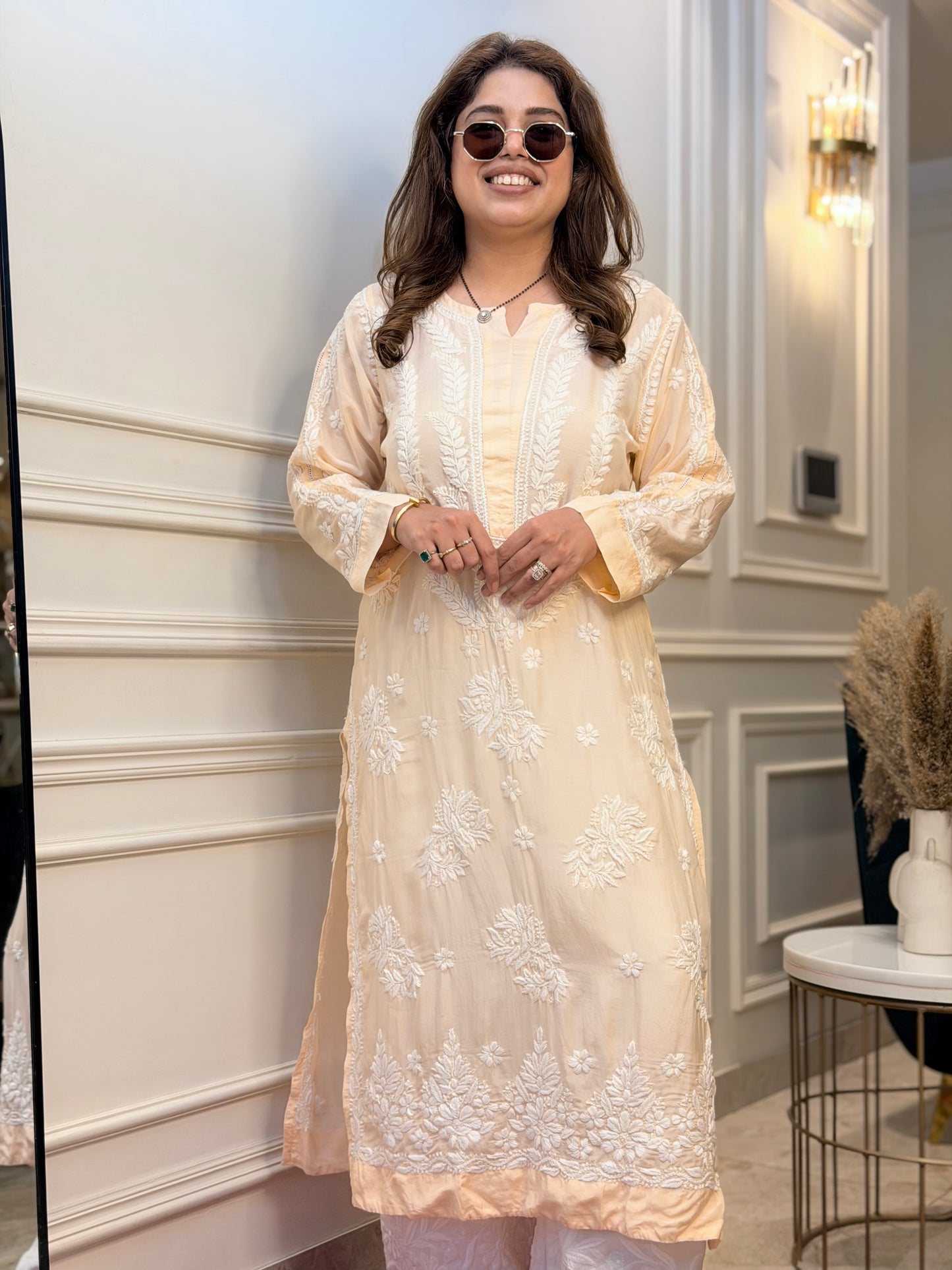 Hand Embroidered Chikankari Kurta Set | Premium Mul Chanderi | Light Peach
