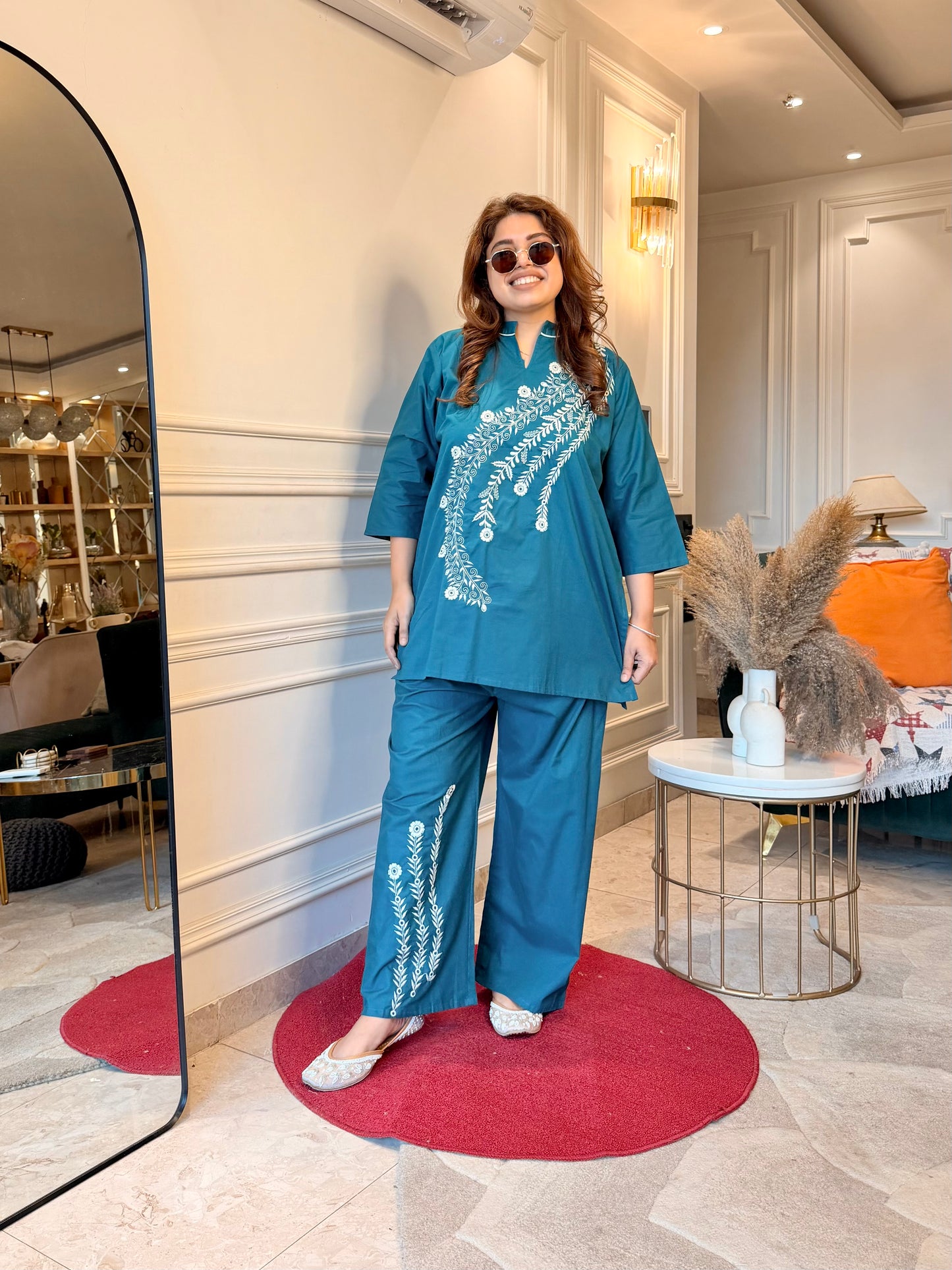 Premium Plus size Cordset with Embroidery |Teal Blue