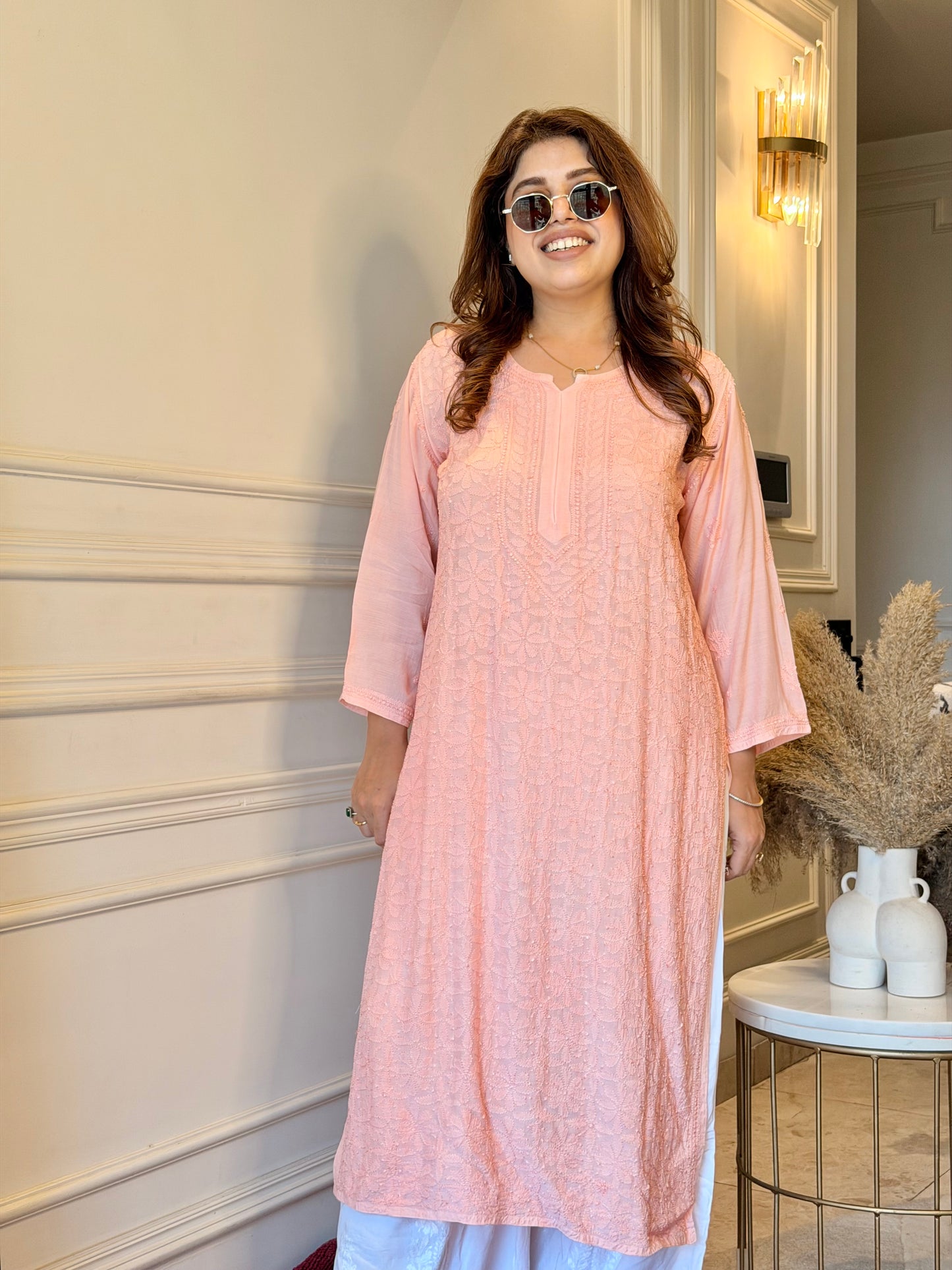Hand Embroidered Chikankari Kurta  | Premium Muslin | Peach