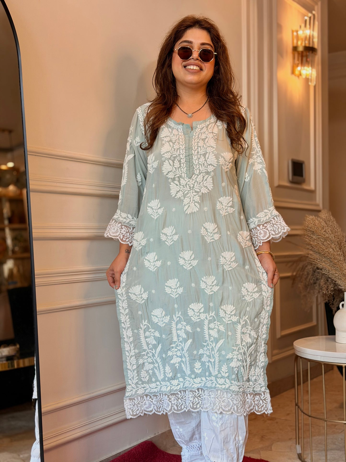 Hand embroidered 6D Chikankari Kurta | Mul Chanderi | Sage