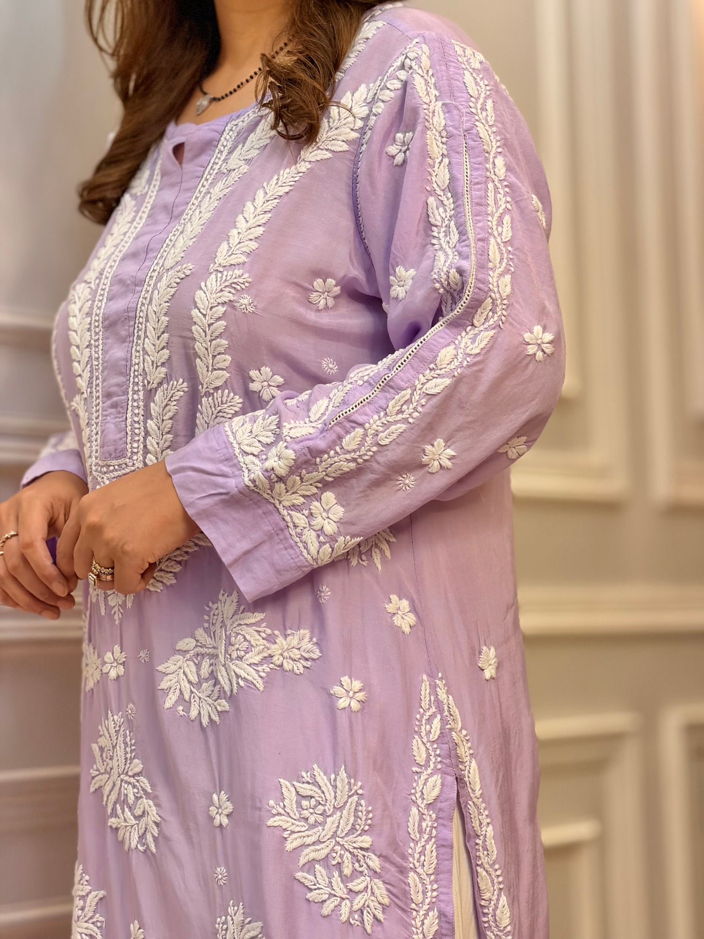 Hand Embroidered Chikankari Kurta Set | Premium Mul Chanderi | Lavender