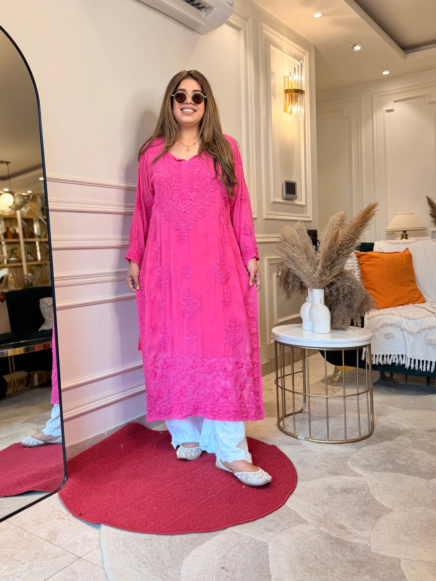 Hand Embroidered 3DChikankari Kurta  | Viscose |  Hot Pink