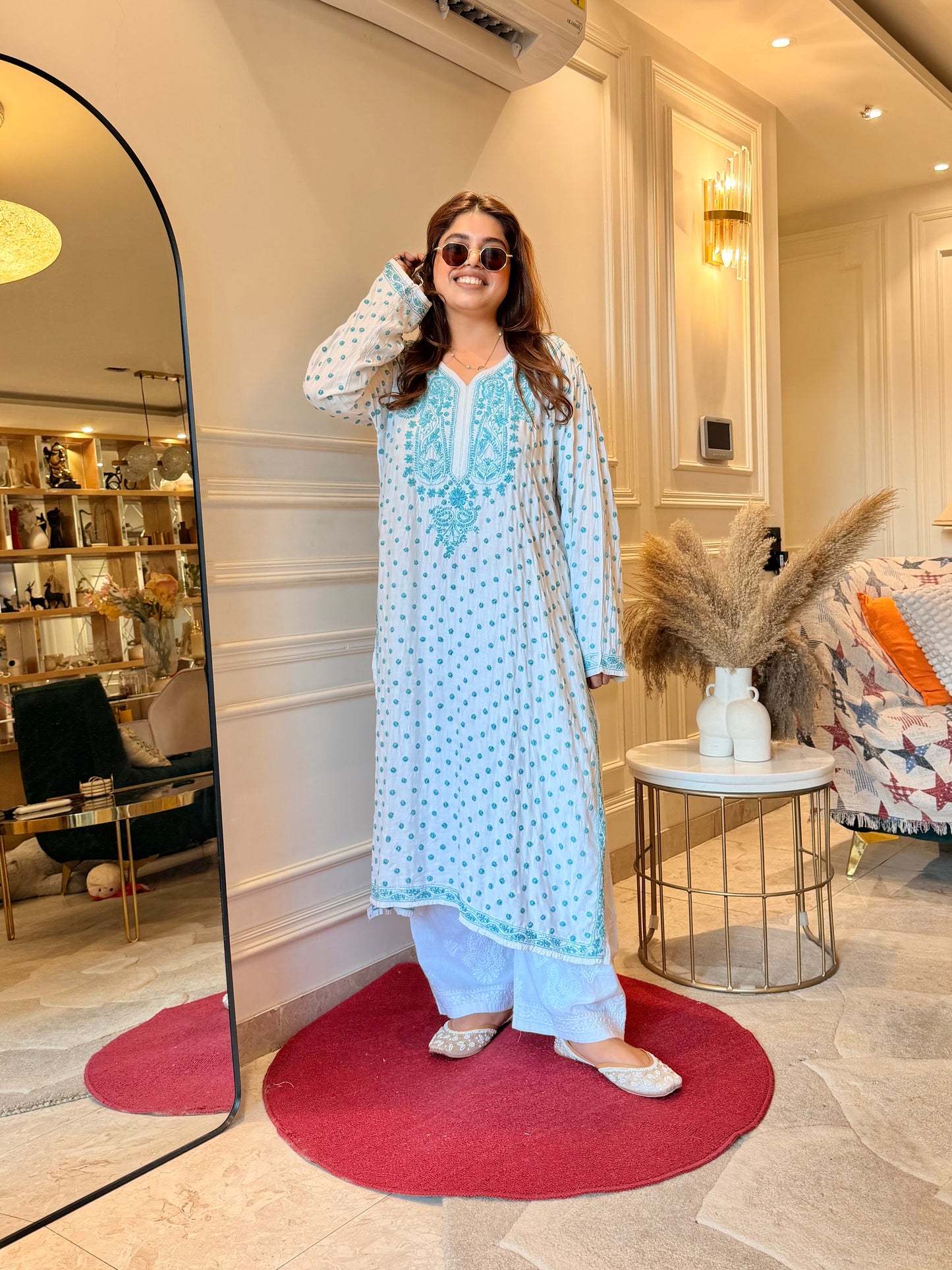 Hand Embroidered Chikankari Kurta  | Mul Chanderi | white with Turquoise Blue | Plus Size