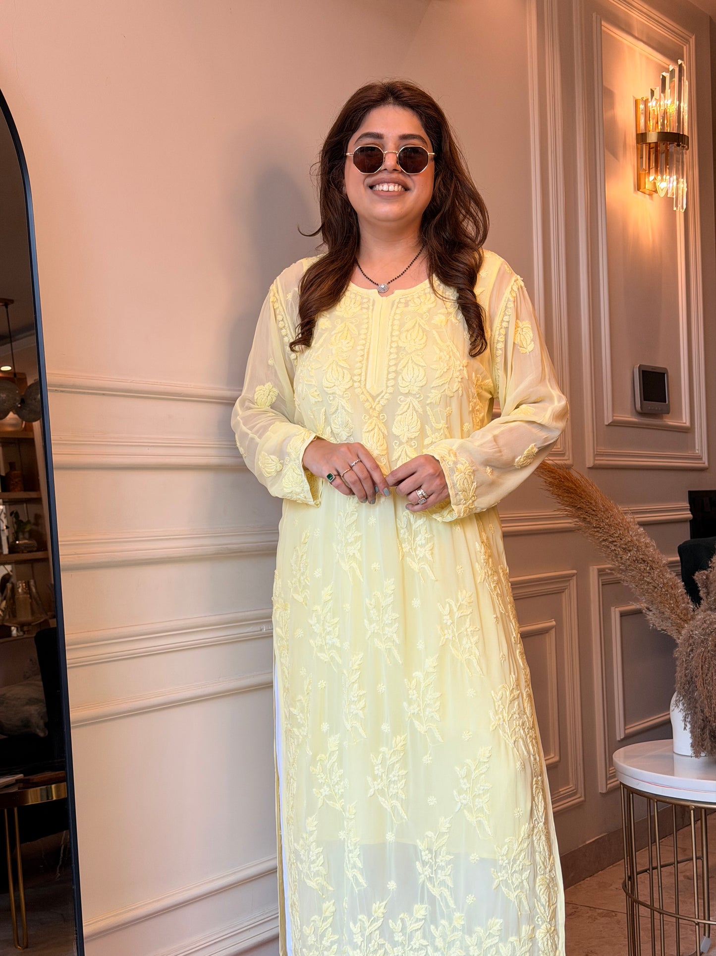 Hand Embroidered 3DChikankari Kurta  | Viscose | Butter Yellow