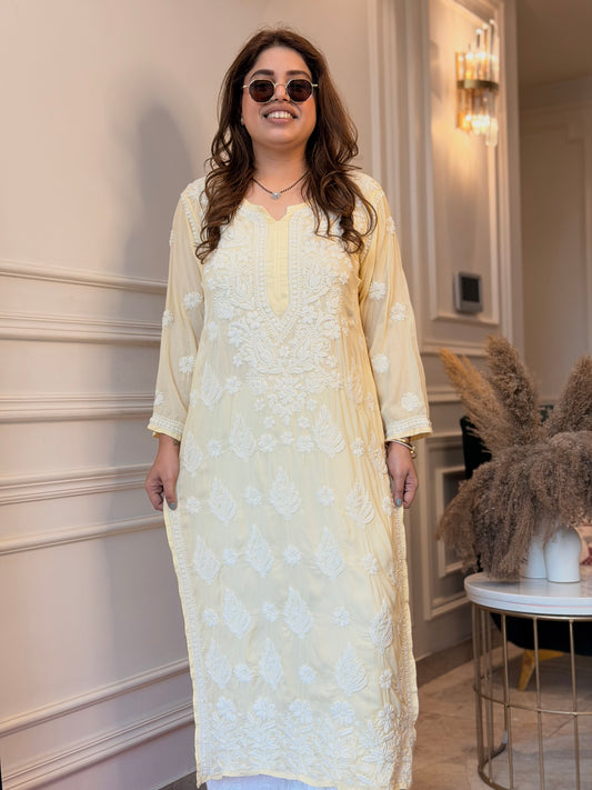 Hand Embroidered 3DChikankari Kurta  | Mul Chanderi | Butter Yellow