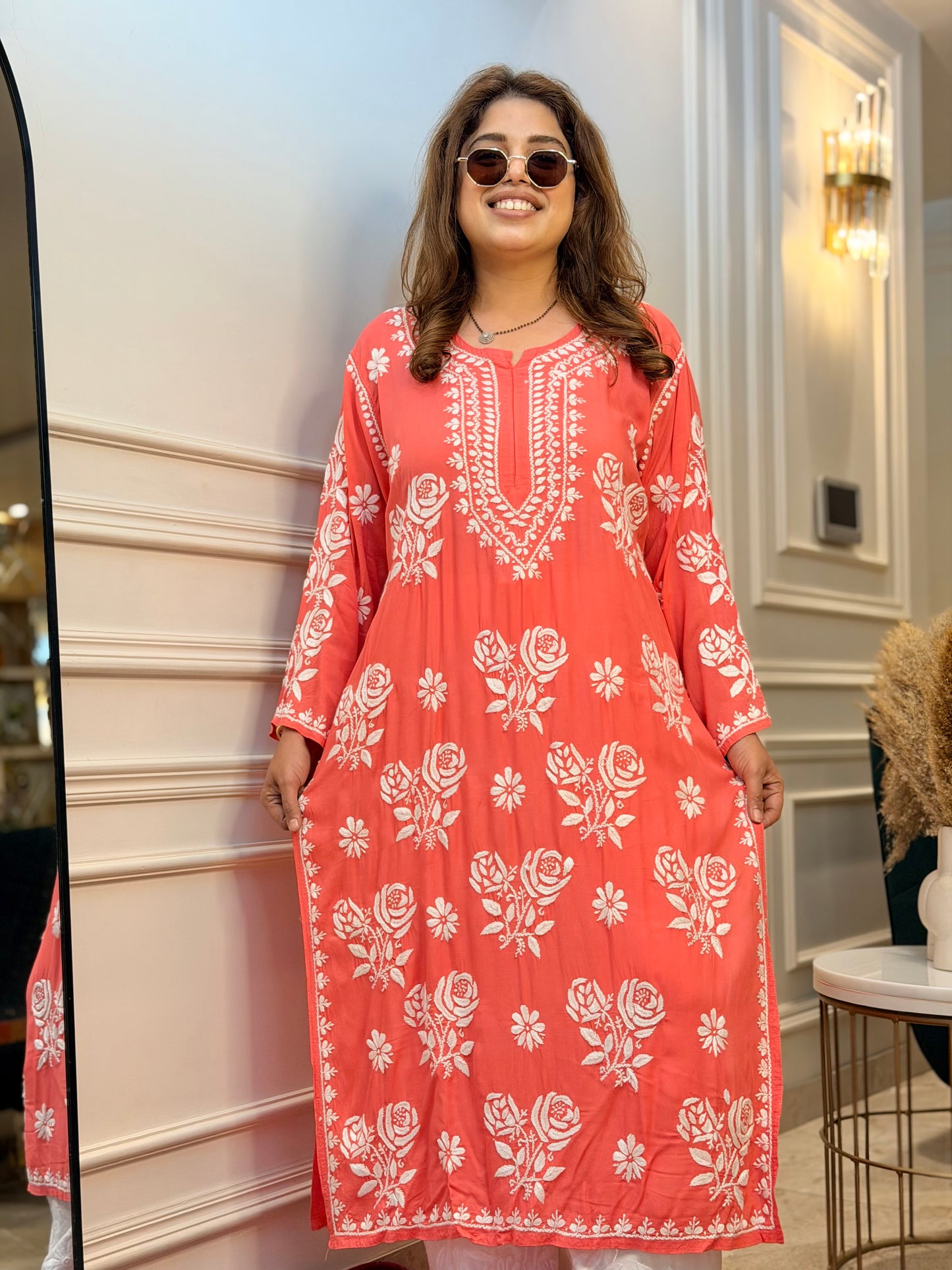 Hand Embroidered 3D Chikankari Kurta | Premium Modal | Orange