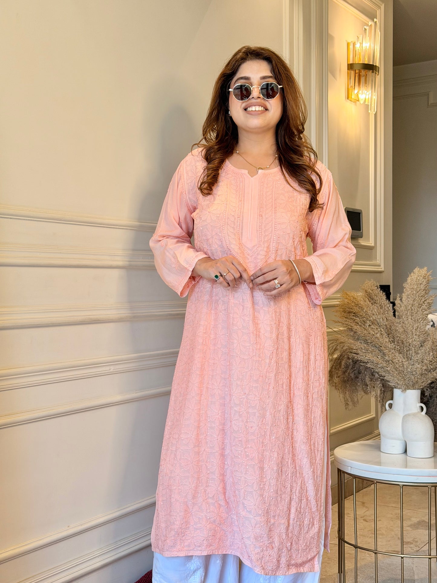 Hand Embroidered Chikankari Kurta  | Premium Muslin | Peach