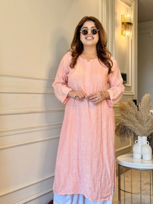 Hand Embroidered Chikankari Kurta  | Premium Muslin | Peach
