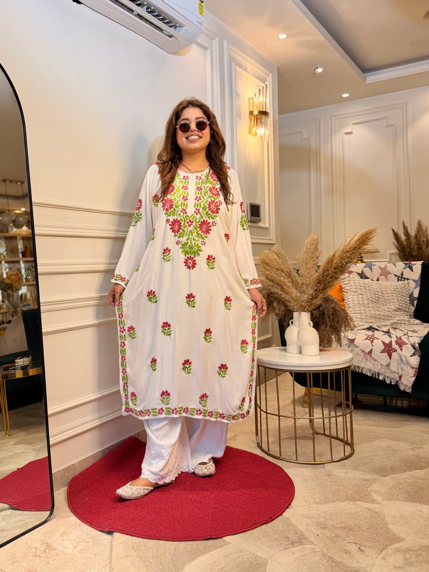 Hand embroidered Chikankari Kurta | Premium Cotton | White with Green & Pink