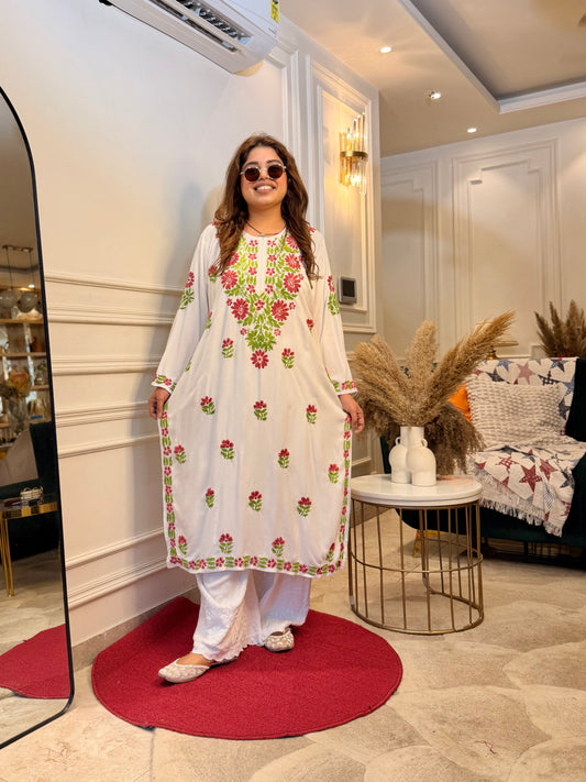 Hand embroidered Chikankari Kurta | Premium Cotton | White with Green & Pink