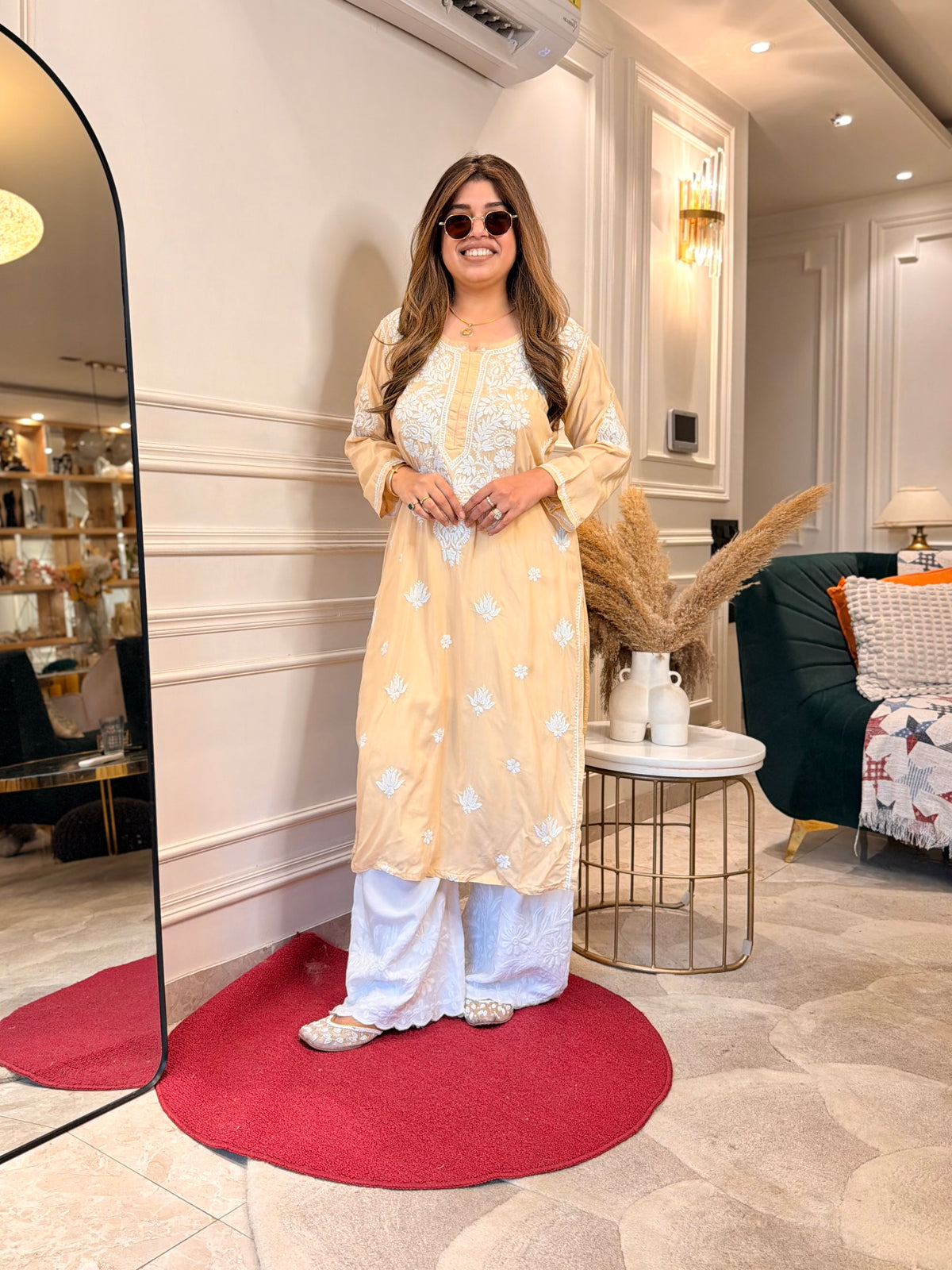 Hand Embroidered 3D Chikankari Kurta | Mul Chanderi | Beige