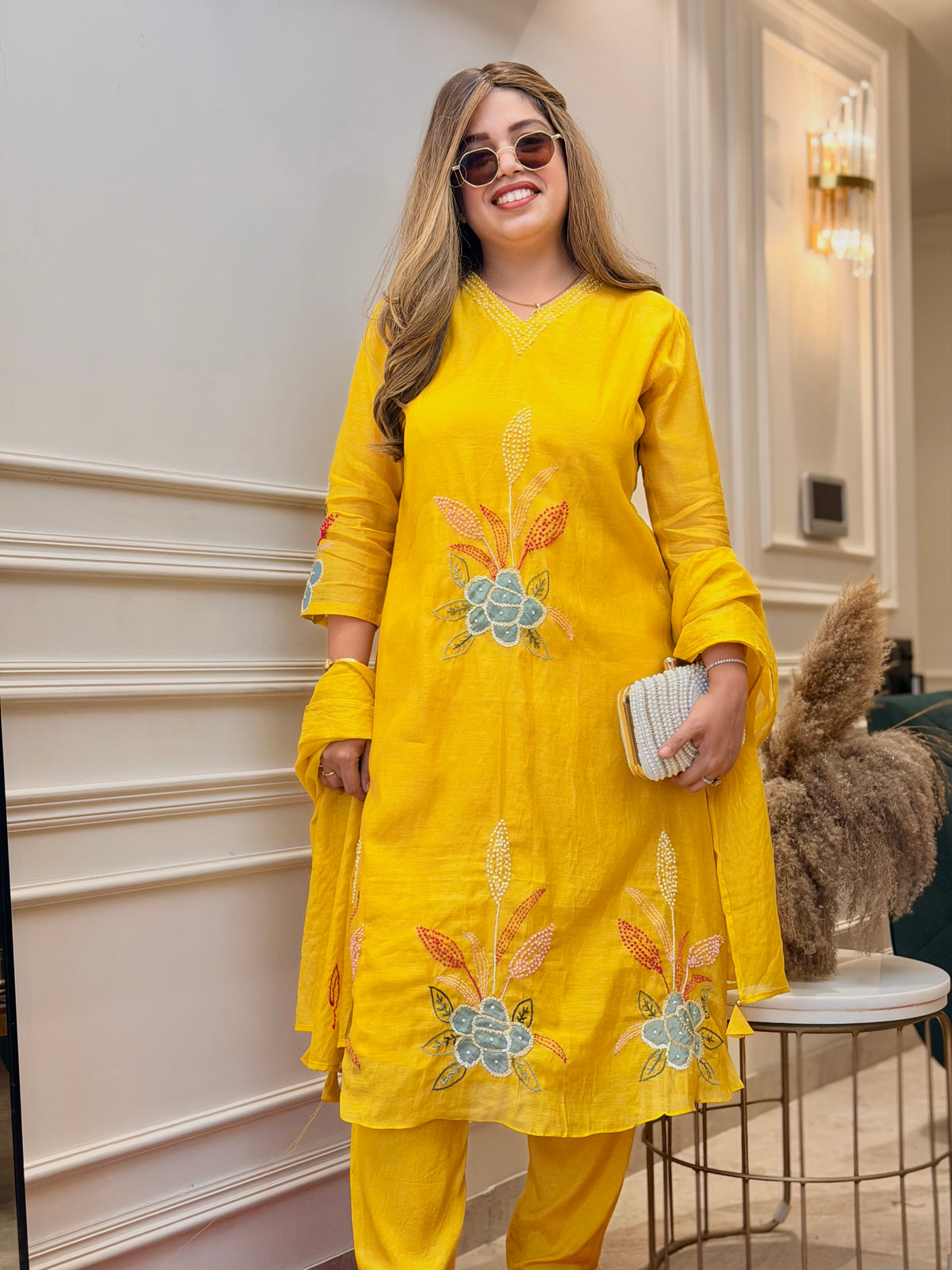 Exclusive Mul Chanderi 3Piece A line kurta set | Mustard