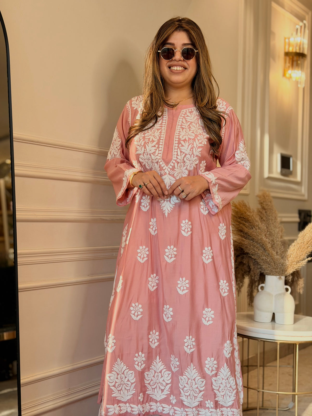 Hand Embroidered 3D Chikankari Kurta | Mul Chanderi | Pastel Rose