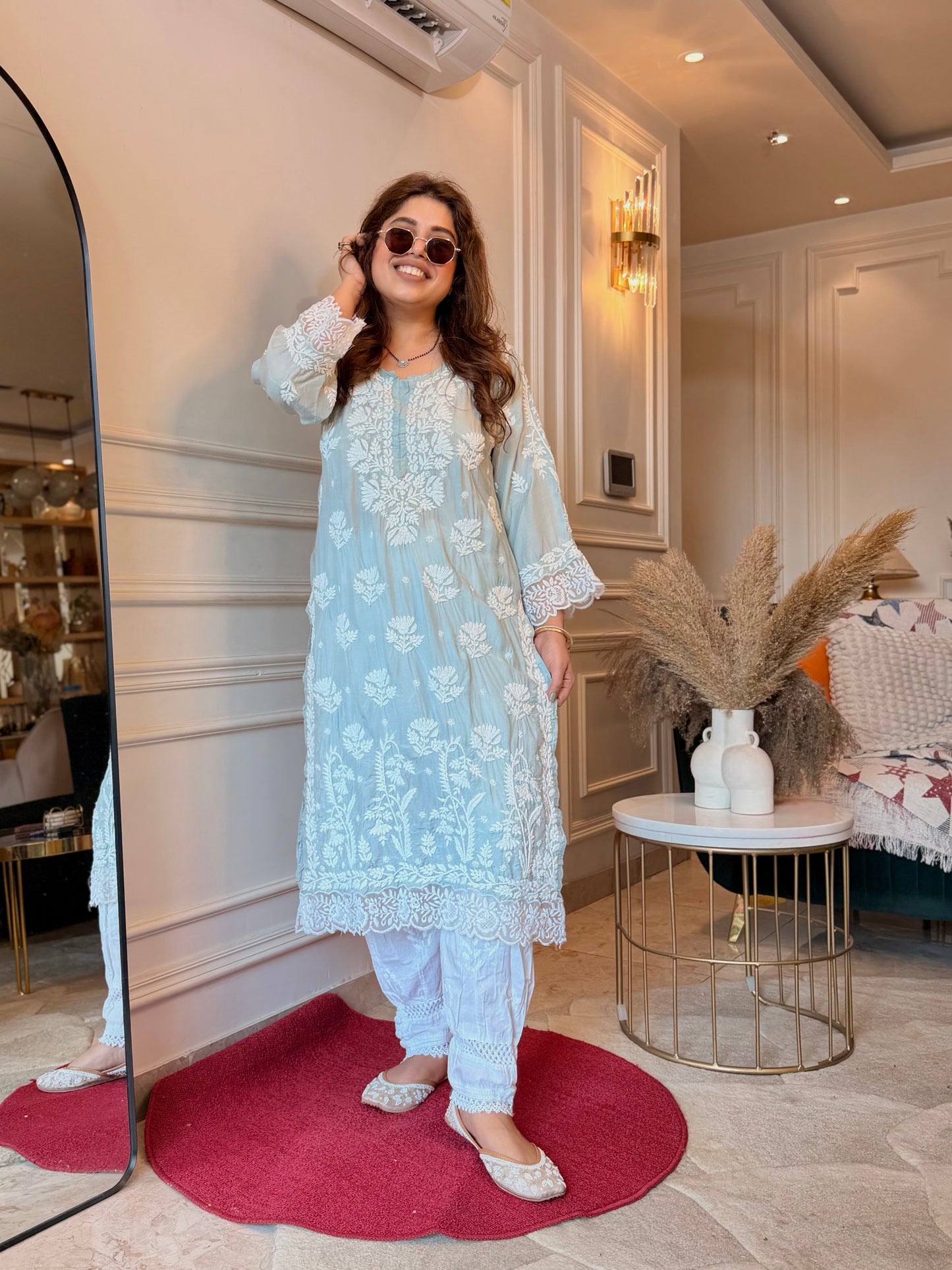 Hand embroidered 6D Chikankari Kurta | Mul Chanderi | Sage