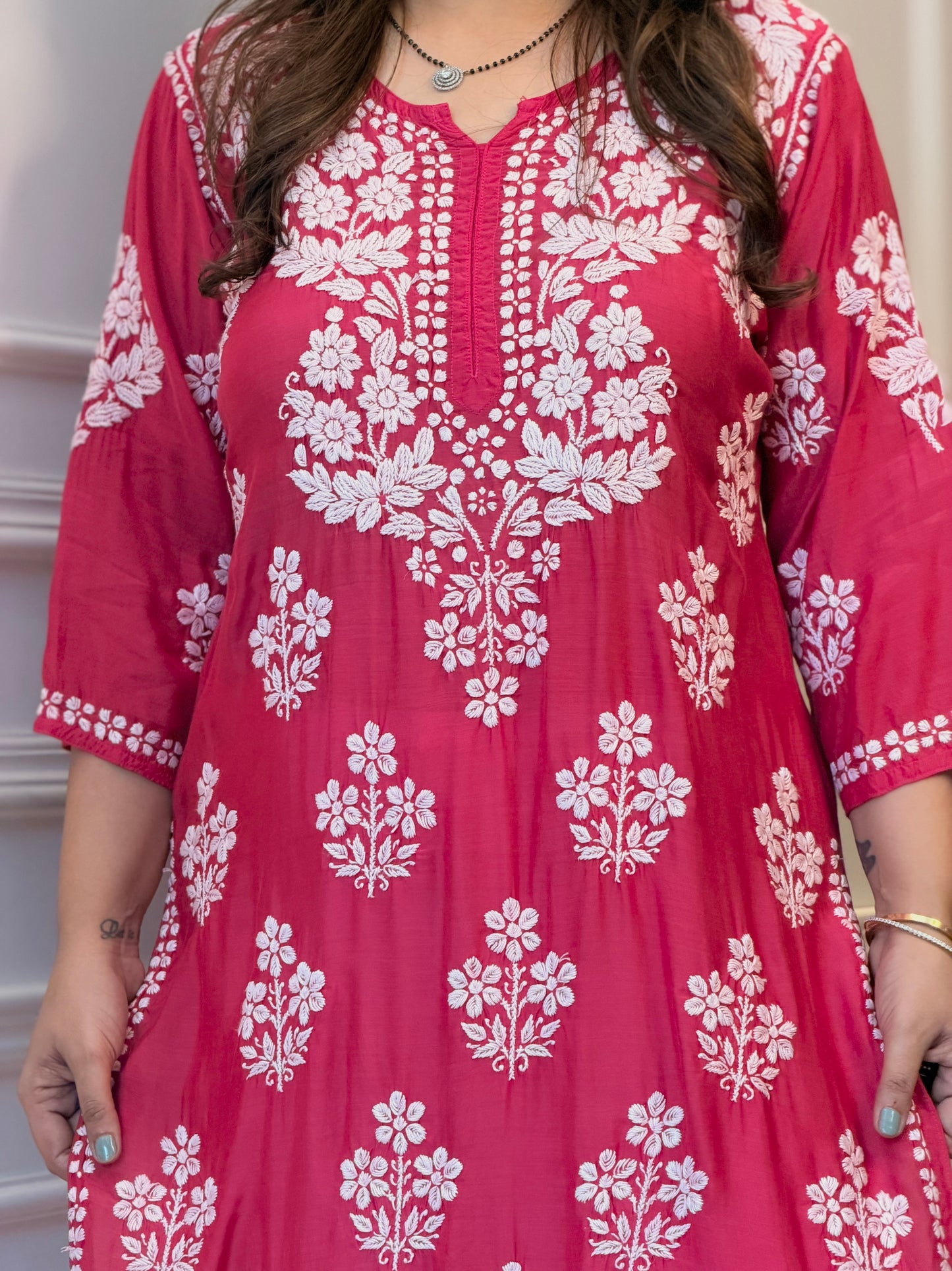 Hand Embroidered 3DChikankari Kurta  | Mul Chanderi | Rose Pink