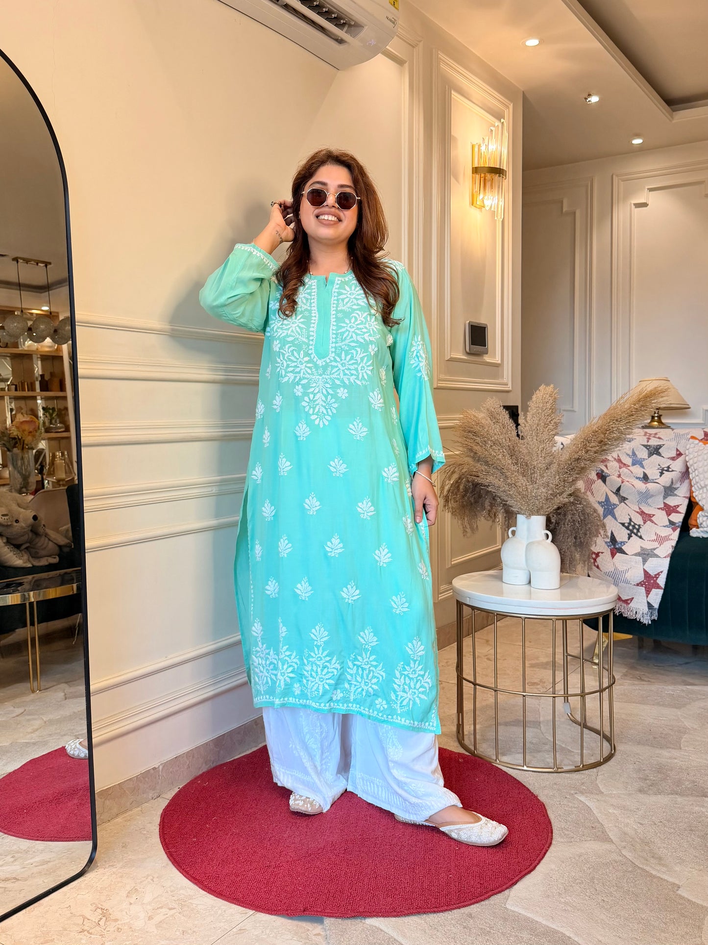 Hand Embroidered Chikankari Kurta | Modal | Aqua Mint