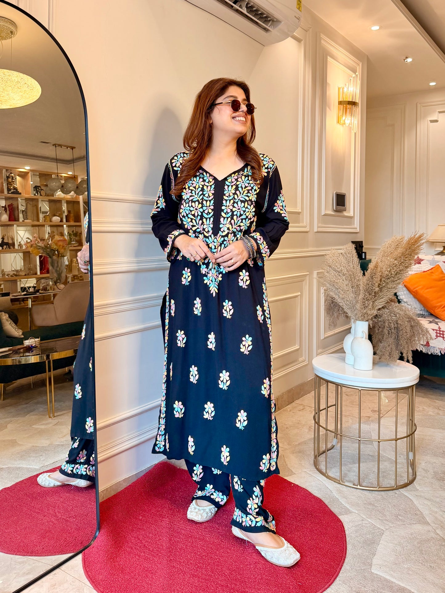 Hand Embroidered Chikankari Kurta Set - Black with Multi colour