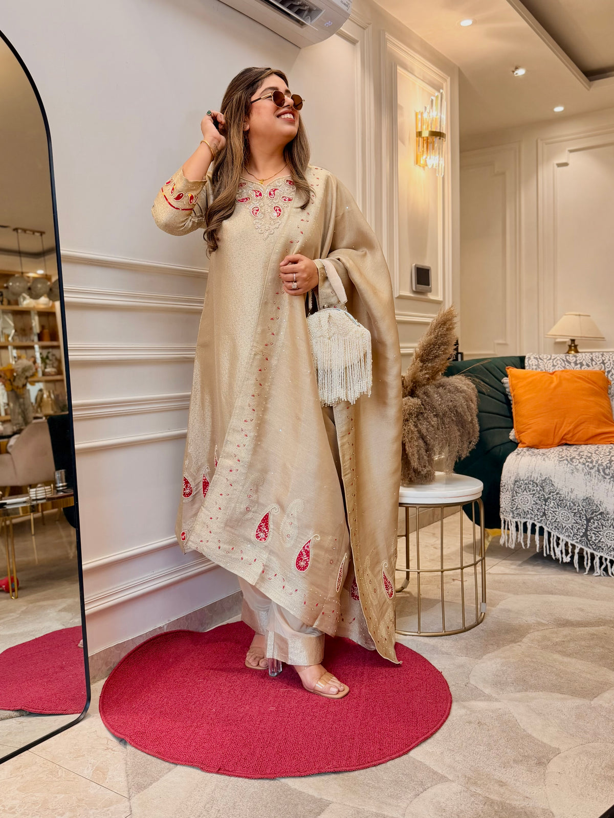 Exclusive Gold Beige Brocade Jacquard 3Piece A line kurta set