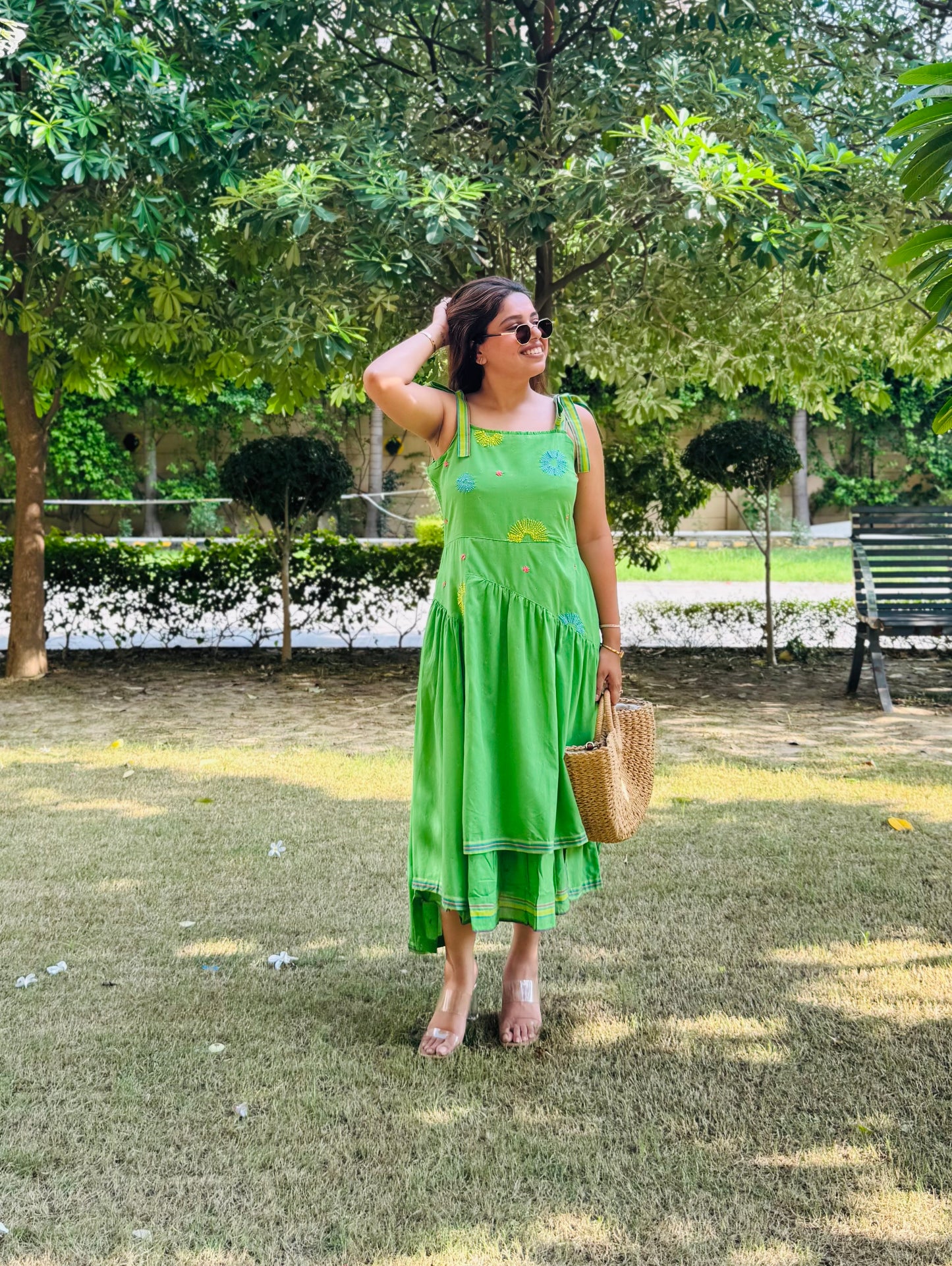 Meadow Glow Tiered Green Cotton Dress