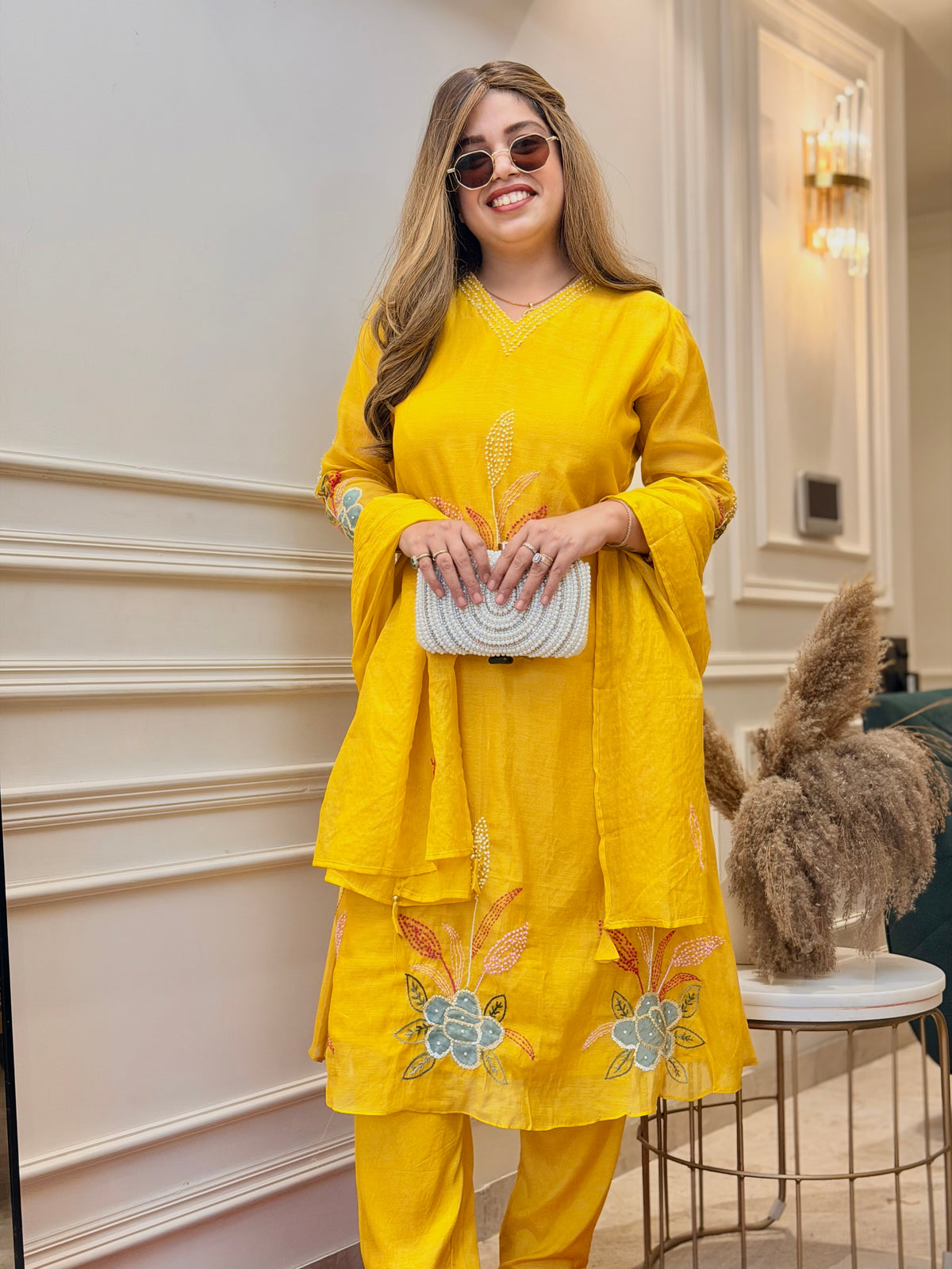 Exclusive Mul Chanderi 3Piece A line kurta set | Mustard
