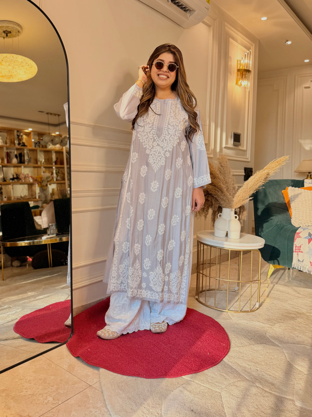 Hand Embroidered 3D Chikankari Kurta | Mul Chanderi | Grey