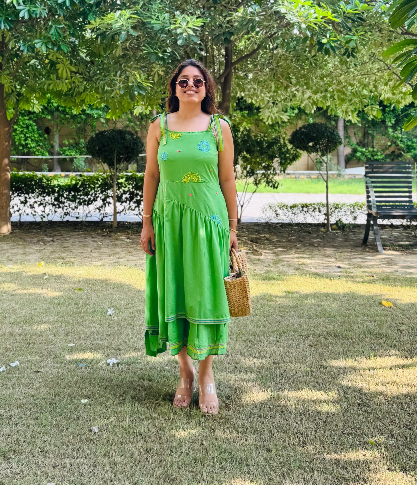 Meadow Glow Tiered Green Cotton Dress