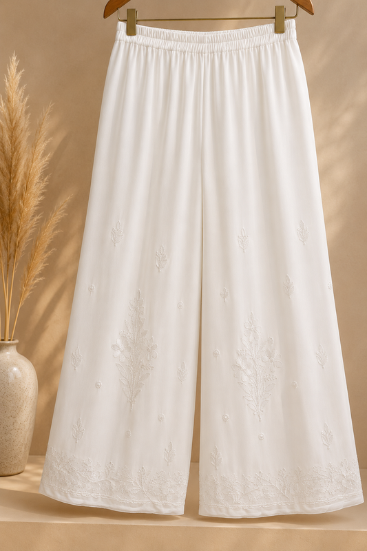 White | Viscose Plazo Hand Embroidered Chikankari