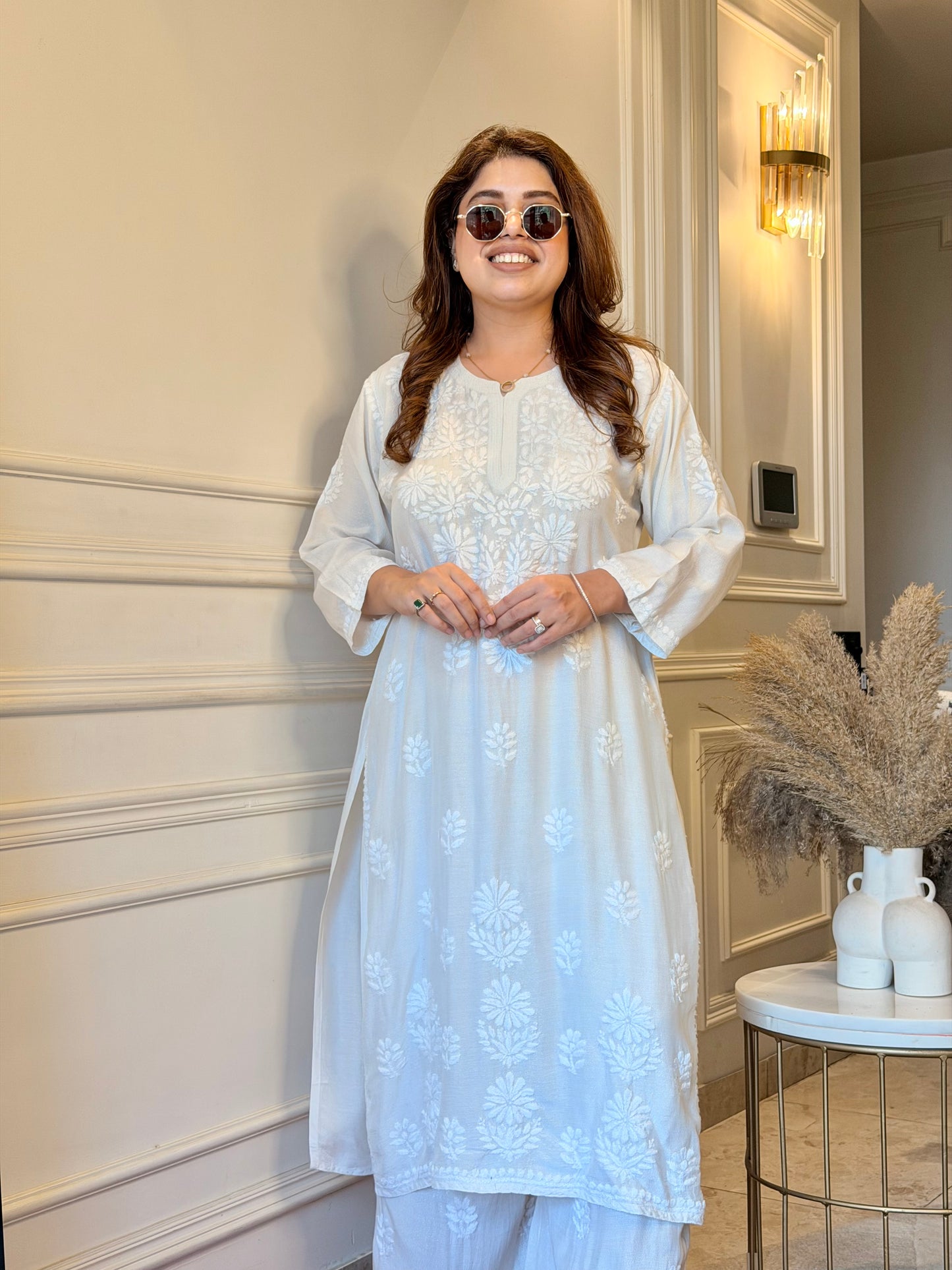 Hand Embroidered Chikankari Kurta set | Muslin | white with Shimmer Detailing