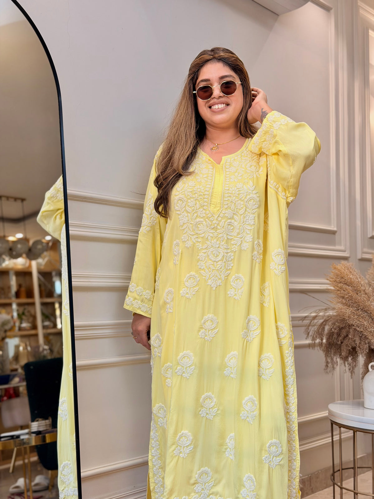 3D Hand Embroidered Chikankari Kurta set | Premium Modal Satin | Butter Yellow