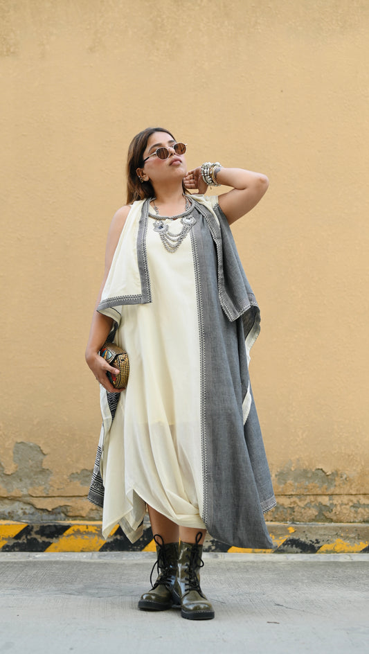 Premium Ivory Asymmetric Flowy Dress with Dual-Tone Ethnic Overlay