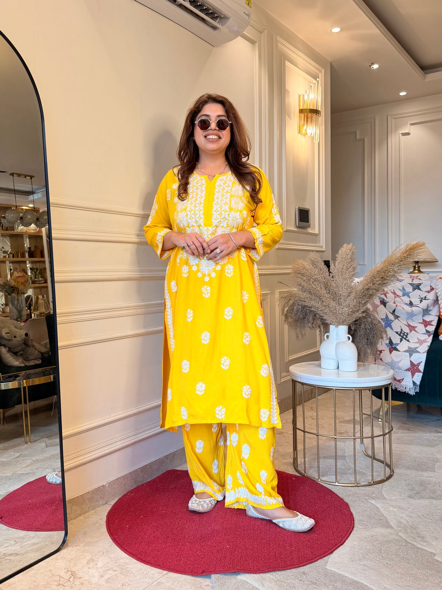 Hand Embroidered Chikankari Kurta set | Modal | Bright Yellow