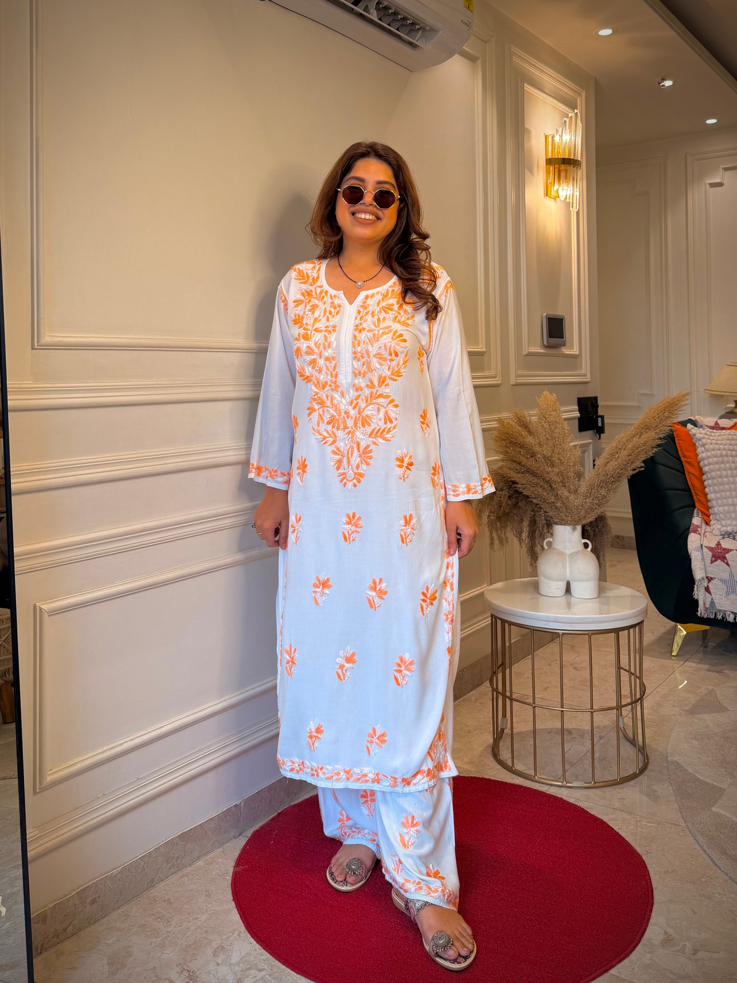 Hand Embroidered Chikankari Kurta Set - white with orange