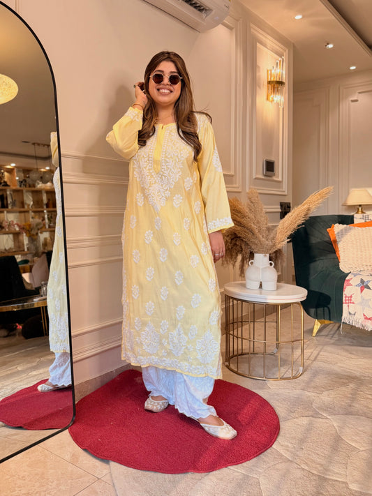 Hand Embroidered 3D Chikankari Kurta | Mul Chanderi | Butter Yellow