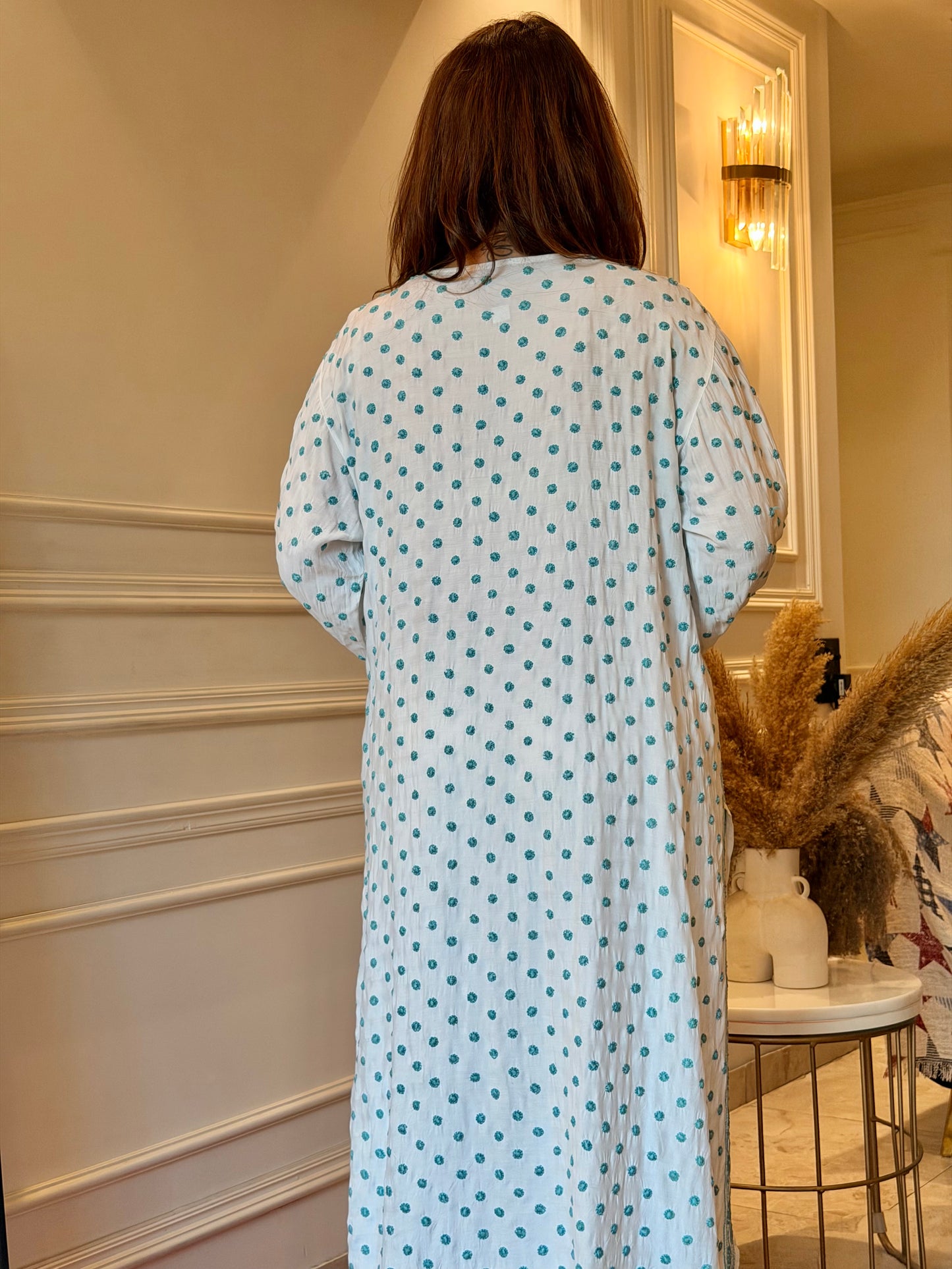 Hand Embroidered Chikankari Kurta  | Mul Chanderi | white with Turquoise Blue | Plus Size