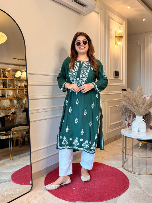 Hand Embroidered Chikankari Kurta | Modal | Emerald Green
