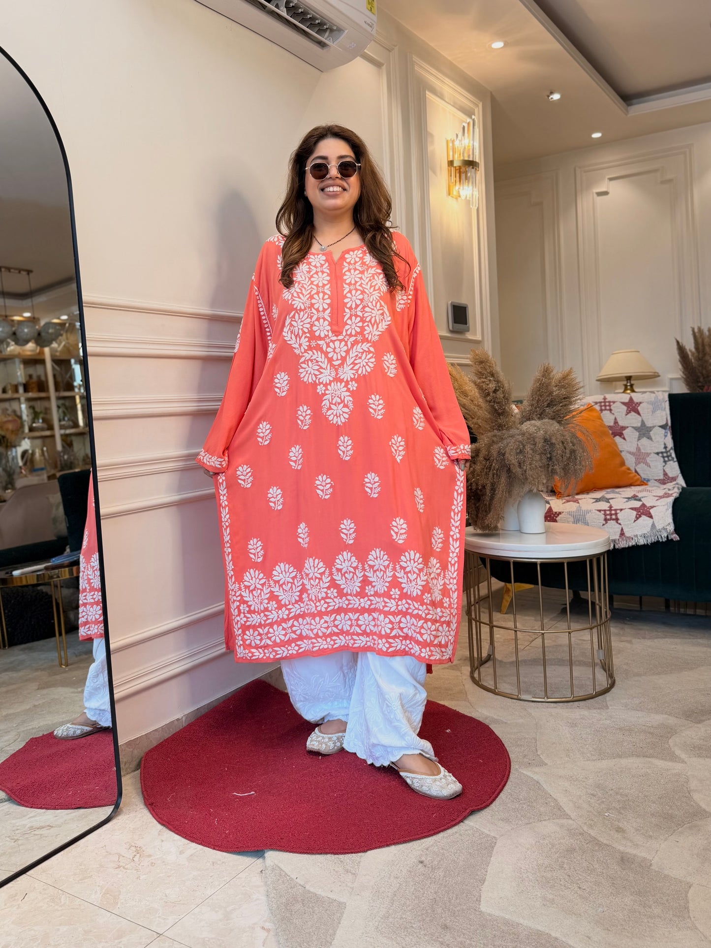Hand Embroidered 3DChikankari Kurta with Plazo | Premium Soft Cotton | Peach