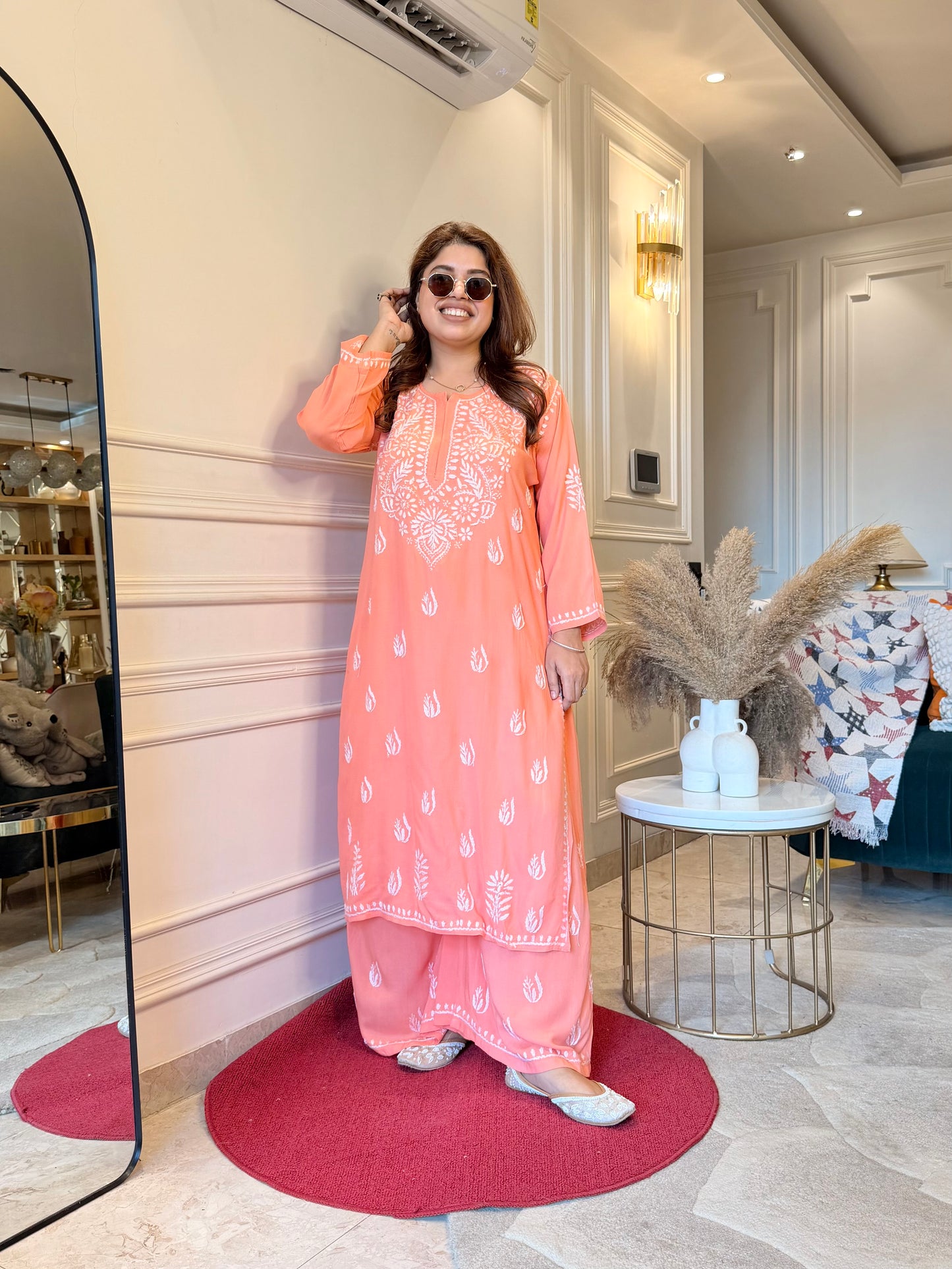Hand Embroidered Chikankari Kurta set | Modal | Peach