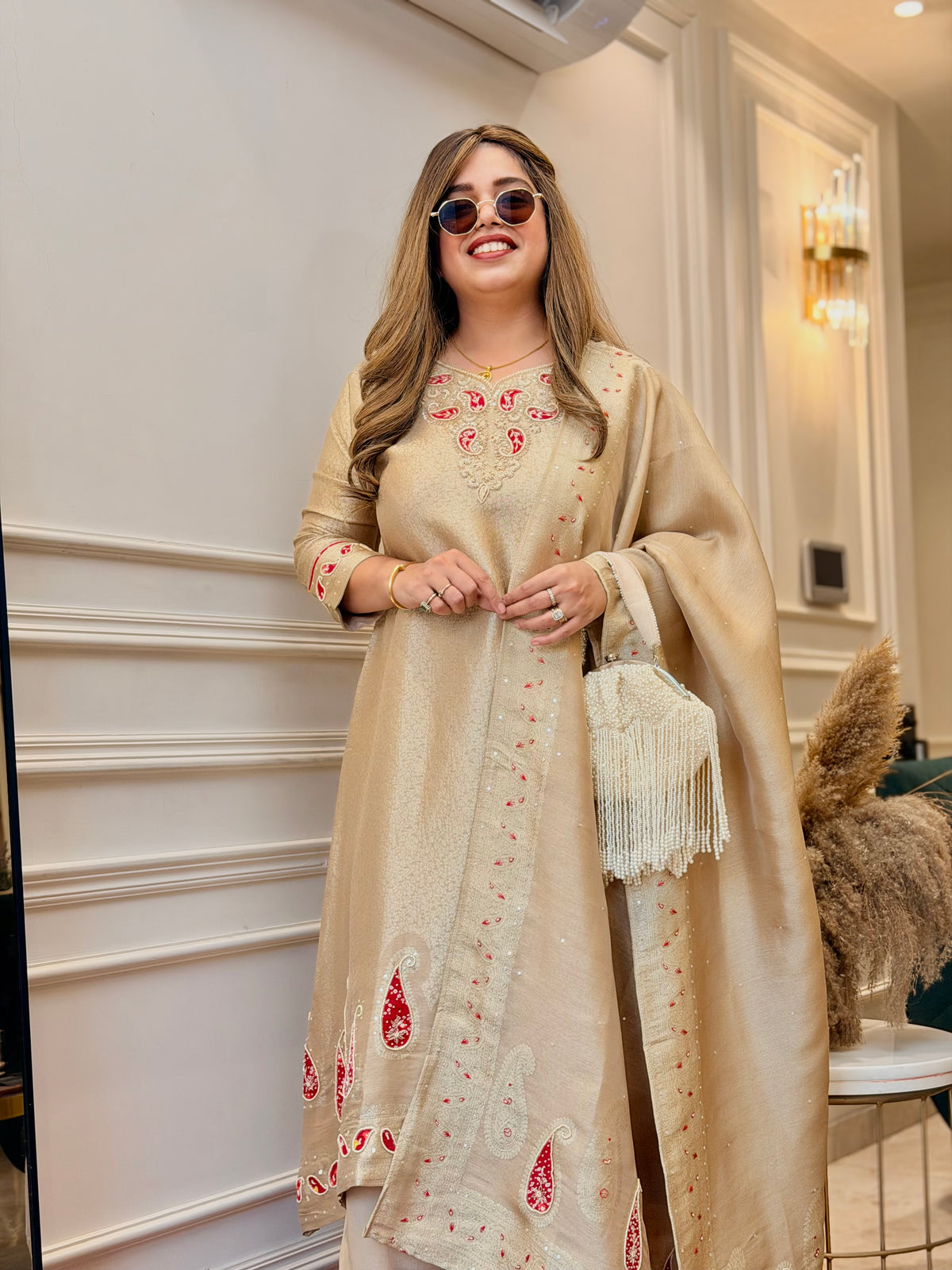 Exclusive Gold Beige Brocade Jacquard 3Piece A line kurta set
